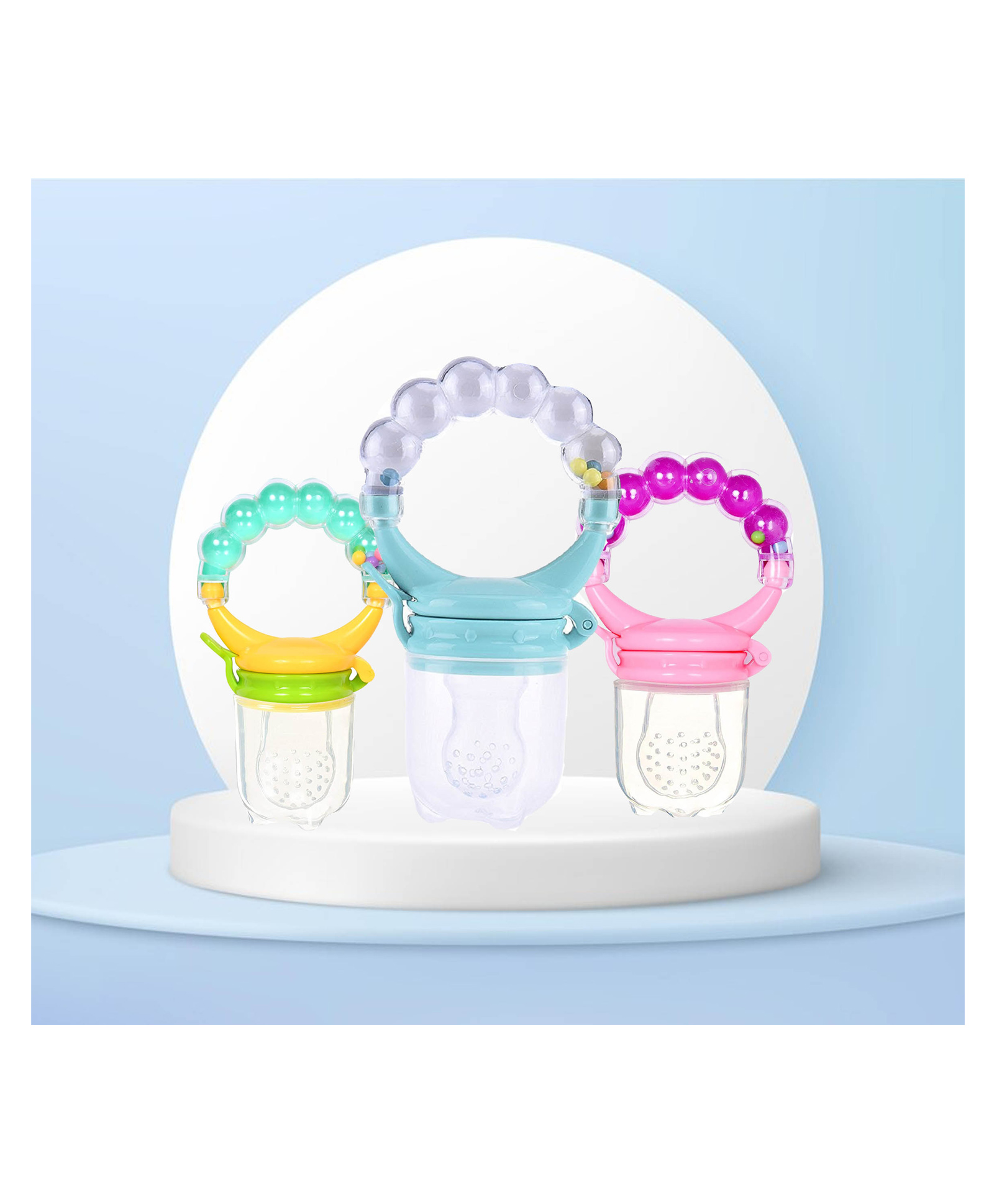 The Cheeky Kidzz Baby Fresh Fruit Vegetable Food Feeder Nibbler Musical Rattle Teethers Soothers BPA Free For Babies/Toddlers/Newborns (Multi-Colors; Pack of 3)-picture-14