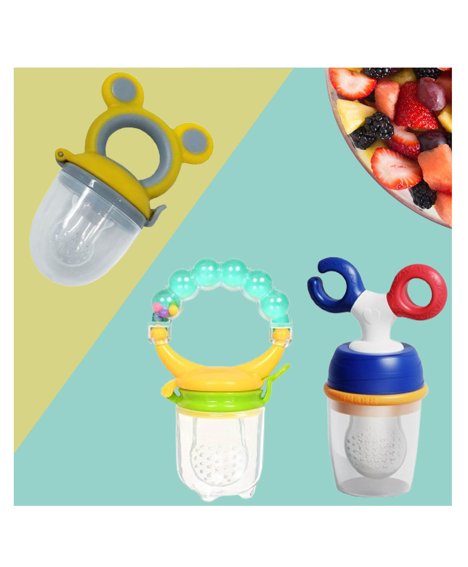 The Cheeky Kidzz Pack of 3 New Born Baby Fresh Fruit Vegetable Food Feeder Nibbler Musical Rattle Teethers Soothers BPA Free (Multi-Colors)-picture-12