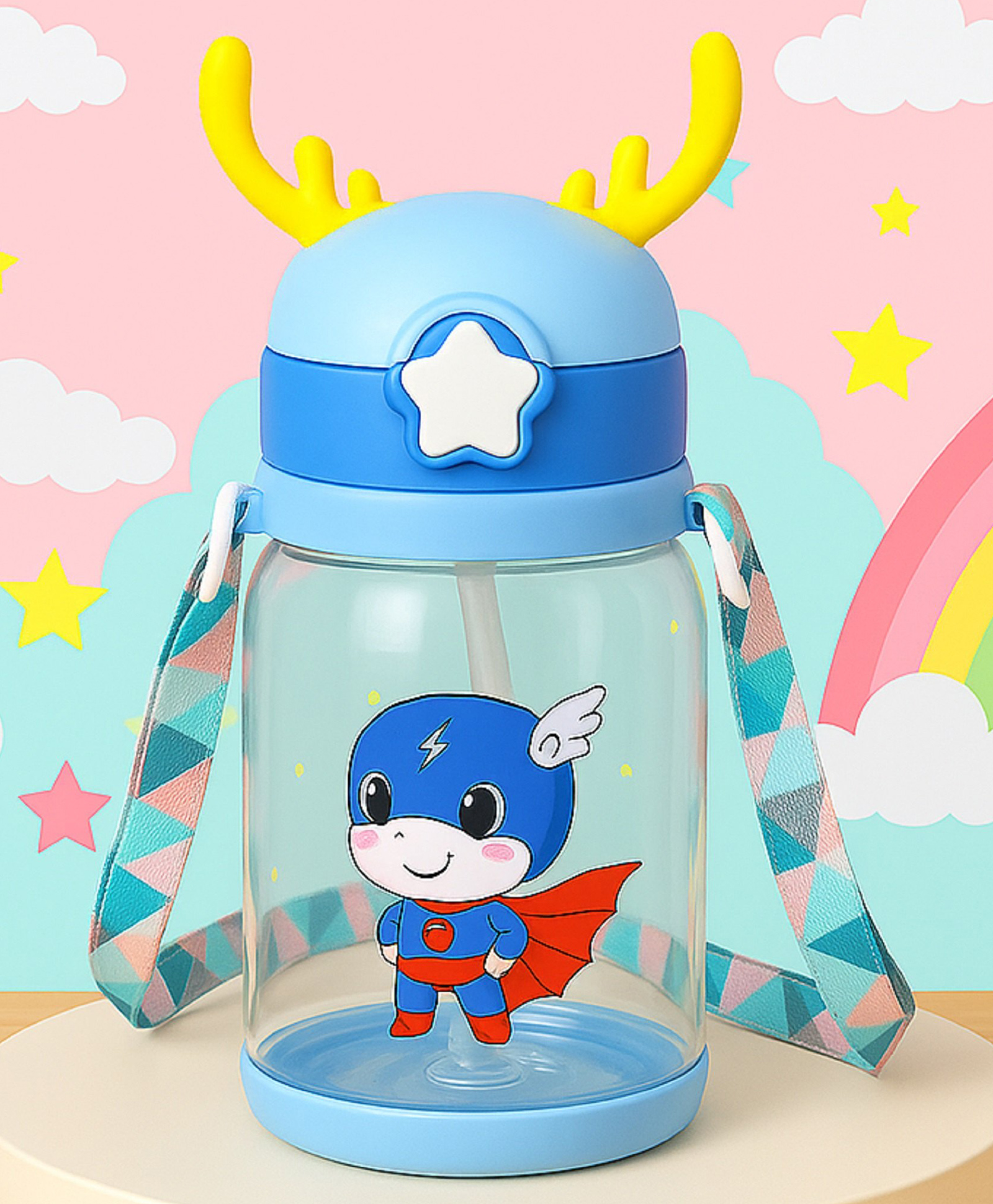 The Cheeky Kidzz Baby Straw Feeding Bottle Cup Learning Feeder With Cute Horn Attractive Cartoon 600ml Straw Sipper BPA Free (BLUE)-image-6