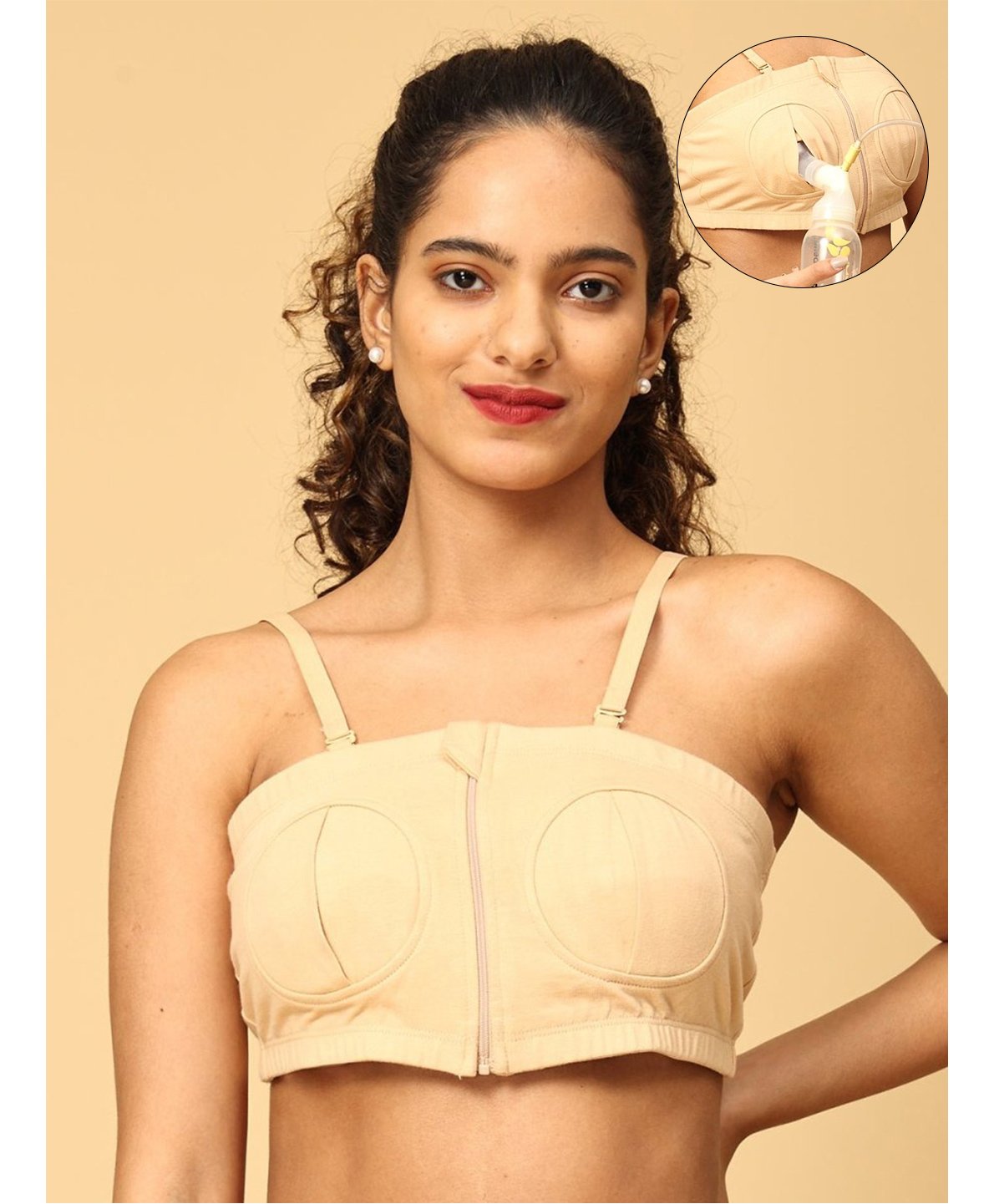 The Mom Store Cotton Sleeveless Solid Nursing Pumping Bra - Beige
