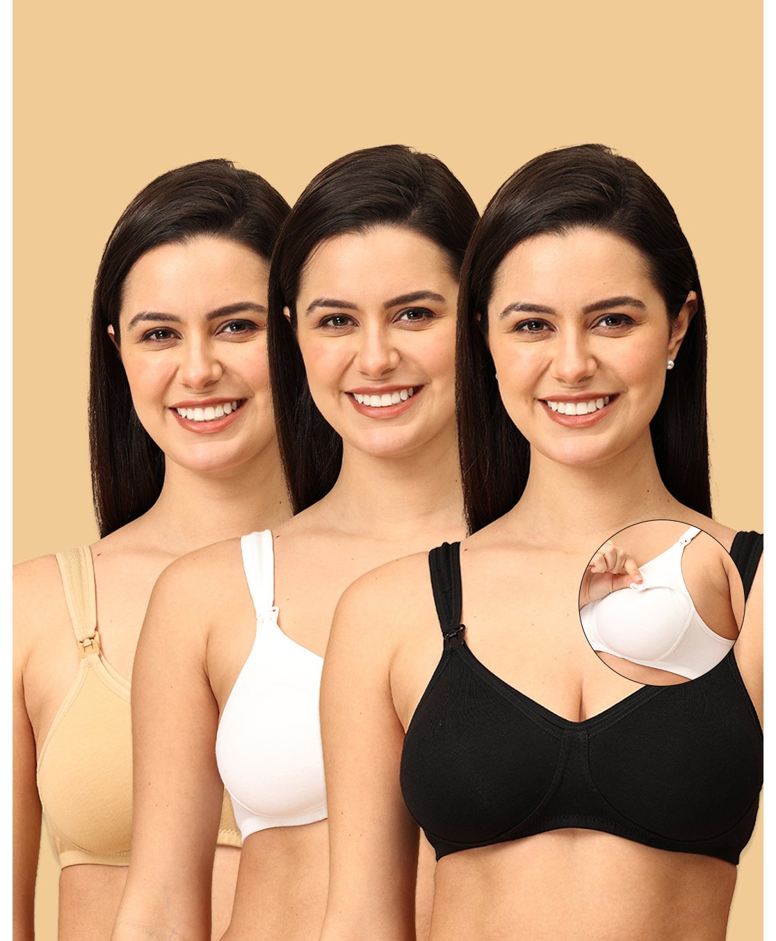 The Mom Store Cotton Elastane Pack Of 3 Sleeveless Solid Nursing & Feeding Non Padded Bra - Black Beige & White-picture-17