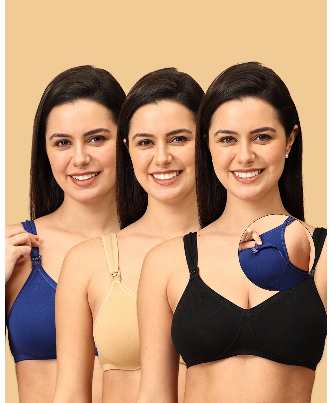The Mom Store Cotton Elastane Pack Of 3 Sleeveless Solid Nursing & Feeding Non Padded Bra - Black Beige & Blue-image-18