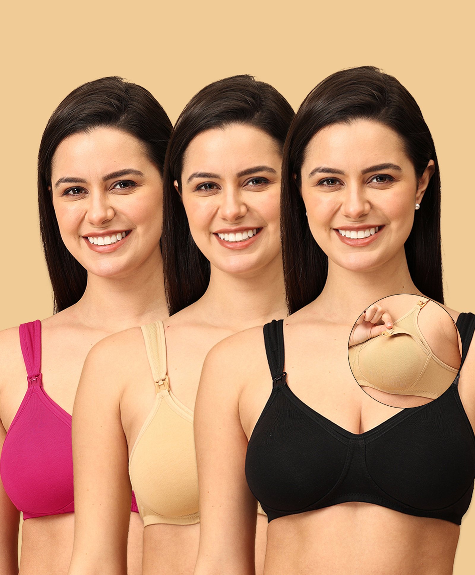 The Mom Store Cotton Elastane Pack Of 3 Sleeveless Solid Nursing Non Padded Bras - Black Beige & Fuchsia-picture-11