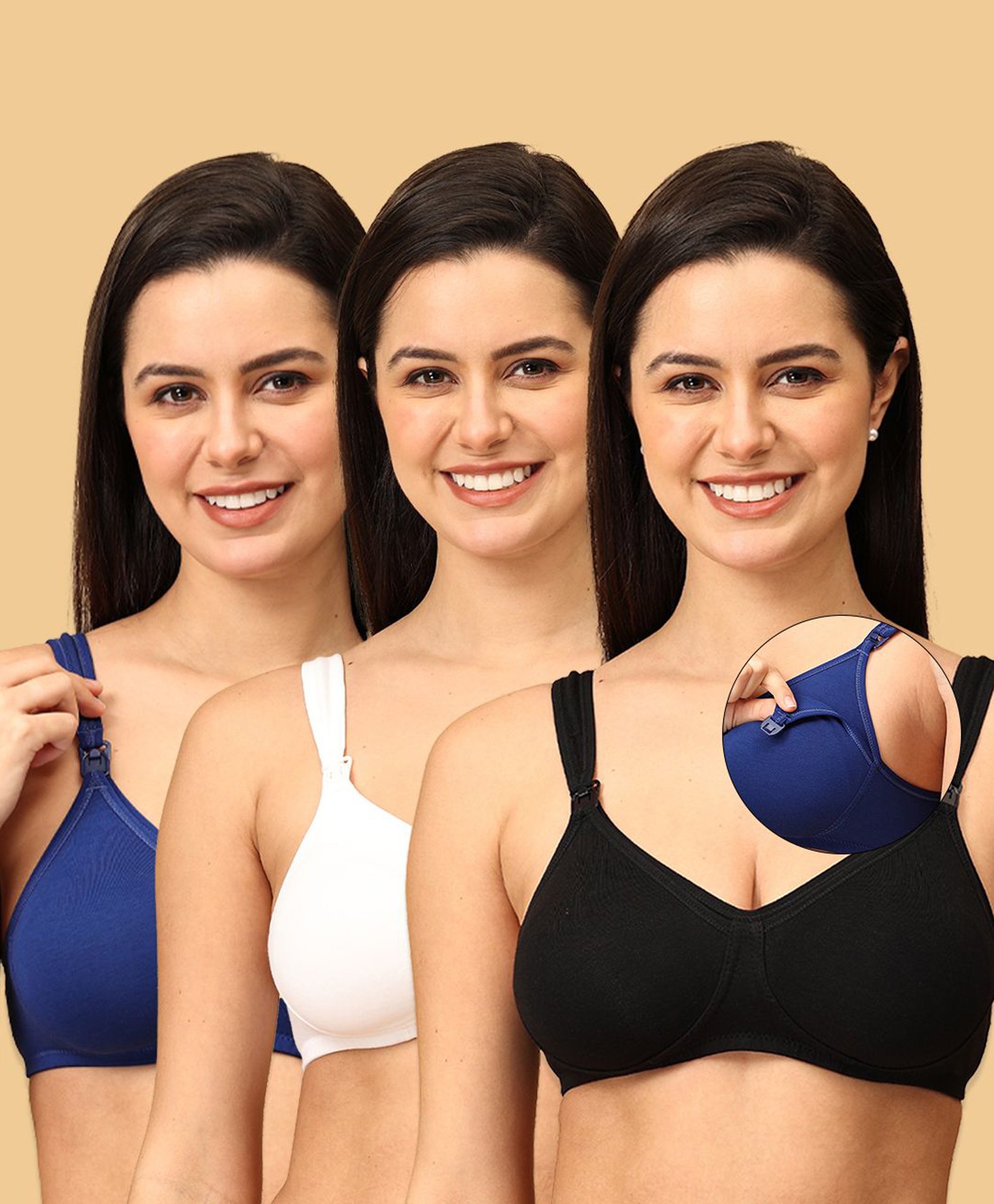 The Mom Store Cotton Elastane Pack Of 3 Sleeveless Solid Non Padded Maternity Bra With Nursing Access - Black White & Blue-picture-20