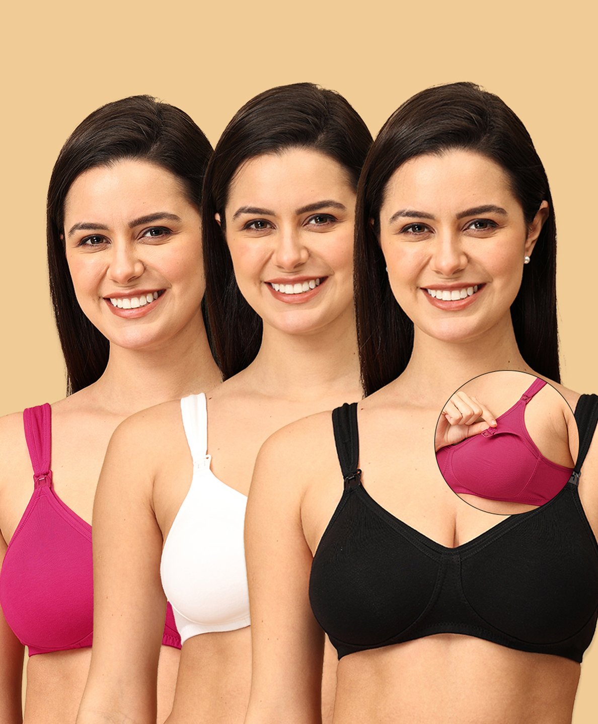 The Mom Store Pack Of 3 Sleeveless Solid Non Padded Nursing Bras - White Black & Fuchsia-image-12