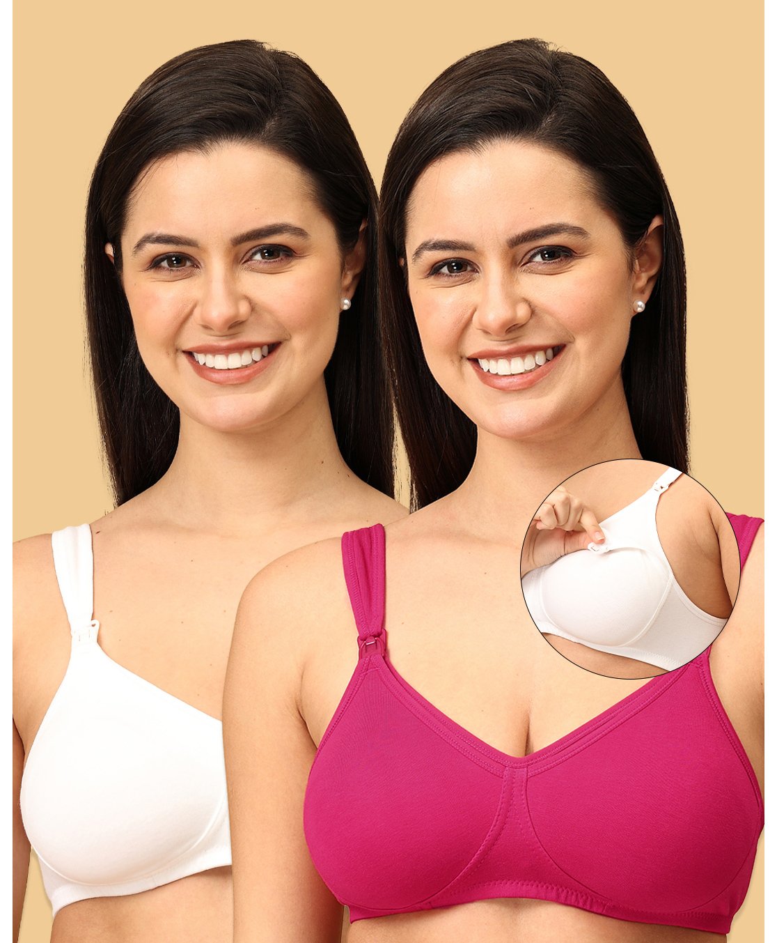 The Mom Store Cotton Elastane Pack Of 2 Sleeveless Solid Nursing & Feeding Non Padded Bra - White & Fuchsia-picture-28