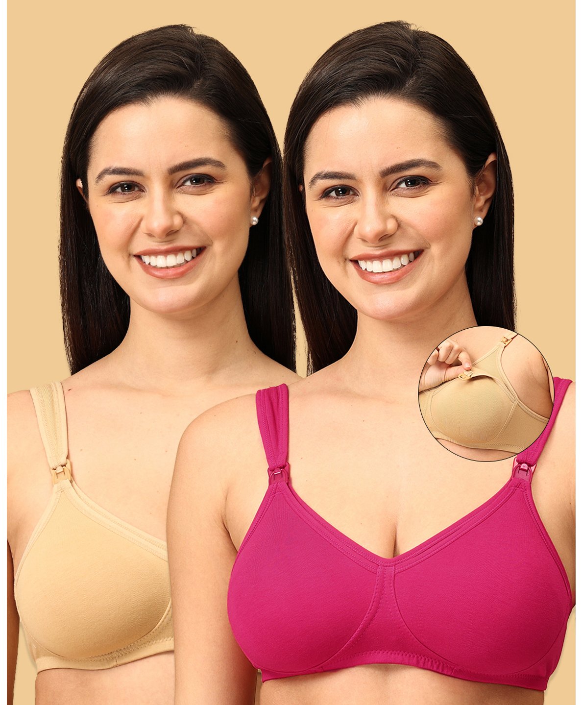 The Mom Store Pack Of 2 Sleeveless Solid Non Padded Nursing Bras - Beige & Fuchsia-picture-24