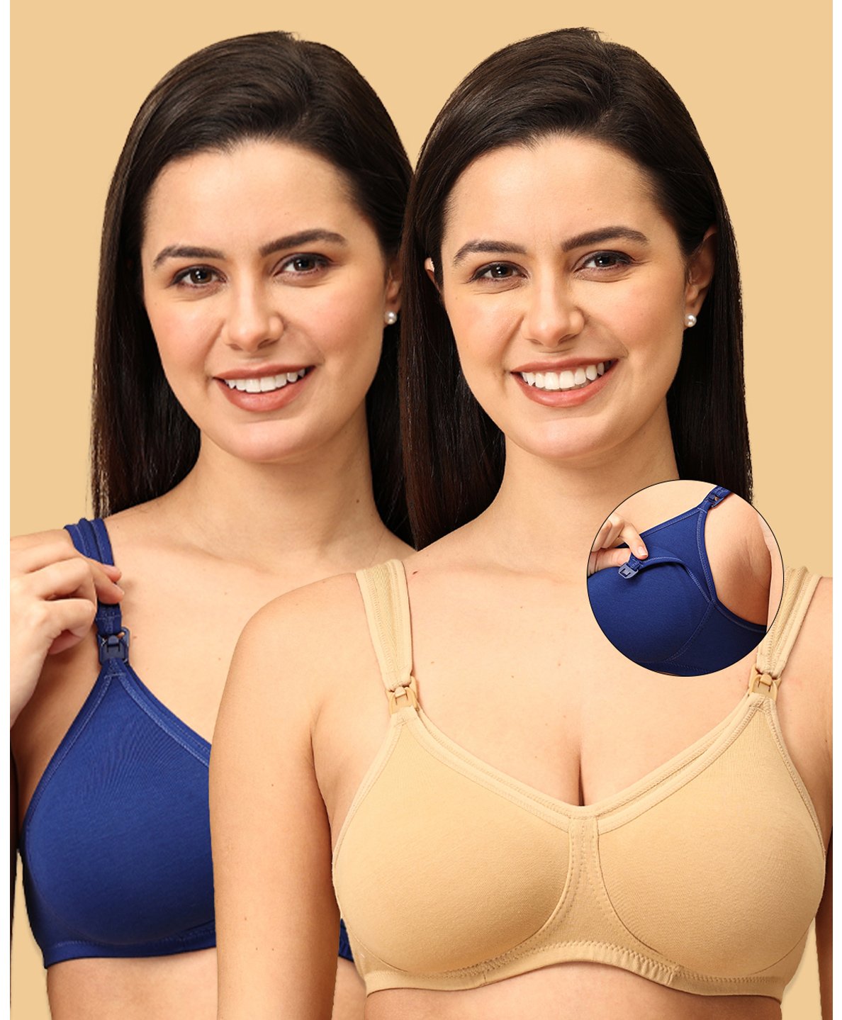 The Mom Store Pack Of 2 Sleeveless Solid Non Padded Nursing Bras - Blue & Beige-picture-25