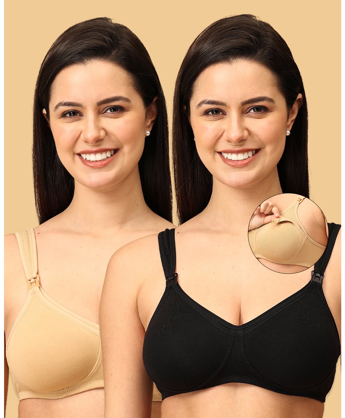 The Mom Store Pack Of 2 Sleeveless Solid Non Padded Nursing Bras - Black & Beige-picture-31