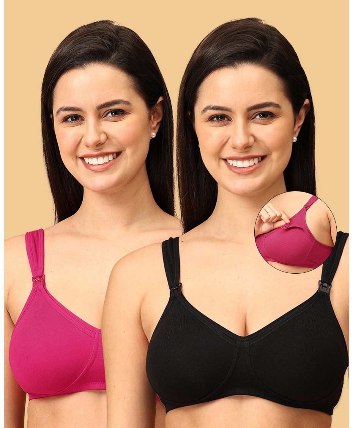 The Mom Store Pack Of 2 Sleeveless Solid Non Padded Nursing Bras - Black & Fuchsia-picture-27