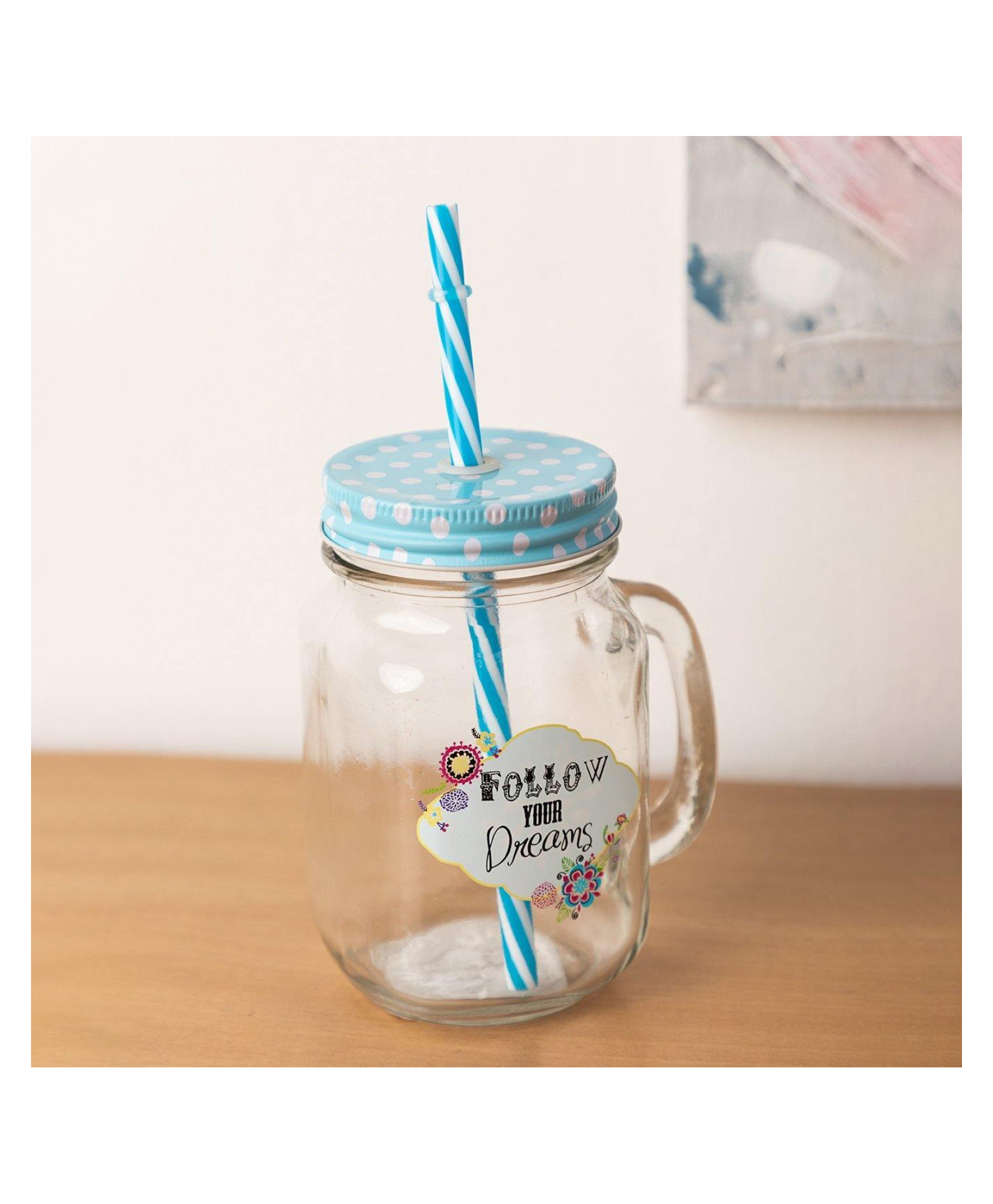 VONCASA Mason Jar, with Straw & Lid, Blue, Glass, 450 ml-picture-20