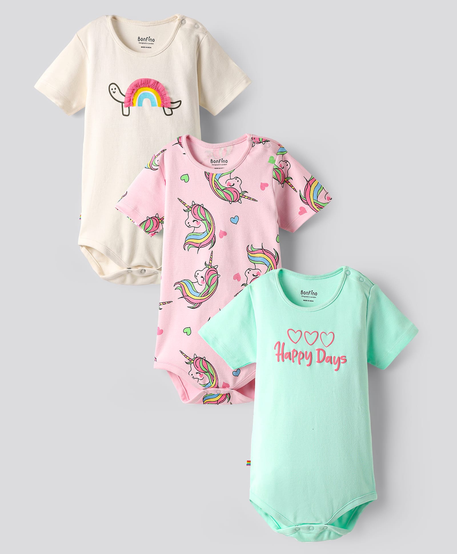 Bonfino 100% Cotton Knit Half Sleeves Onesies With Unicorn & Happy Days Text Print Pack Of 3 - Ivory Pink & Aqua Blue-image-19