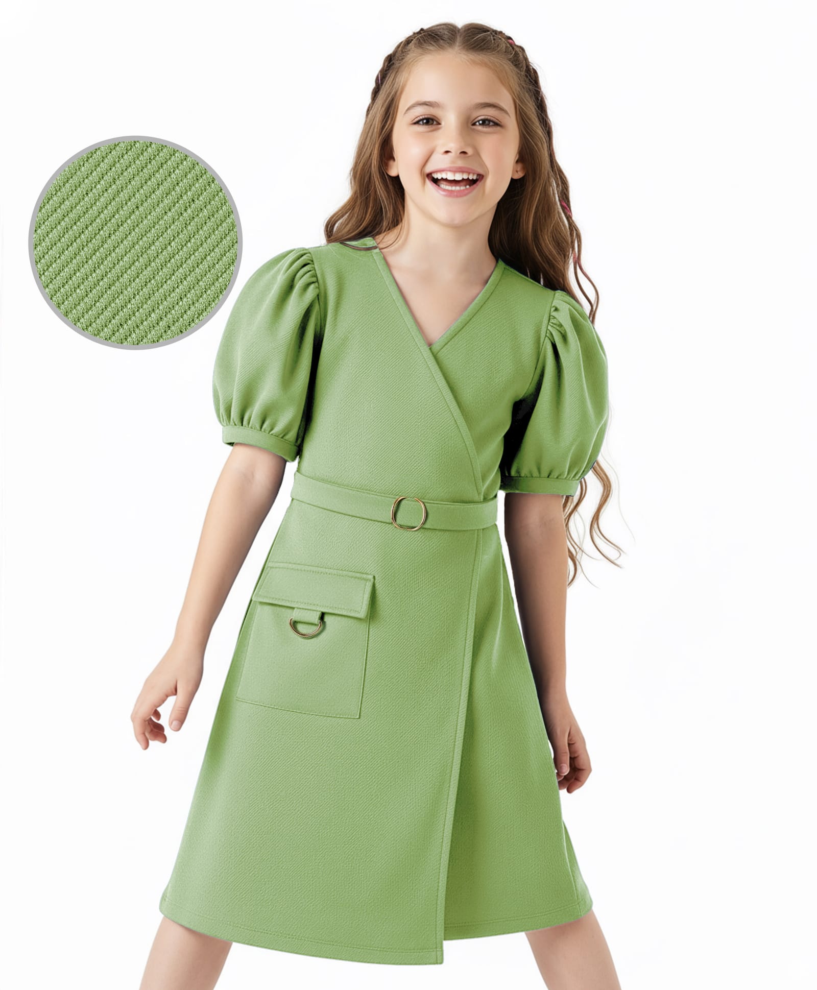 Hola Bonita Knit Half Puffed Sleeves Overlap Solid Dress with Pocket Detailing - Olive Green-image-7