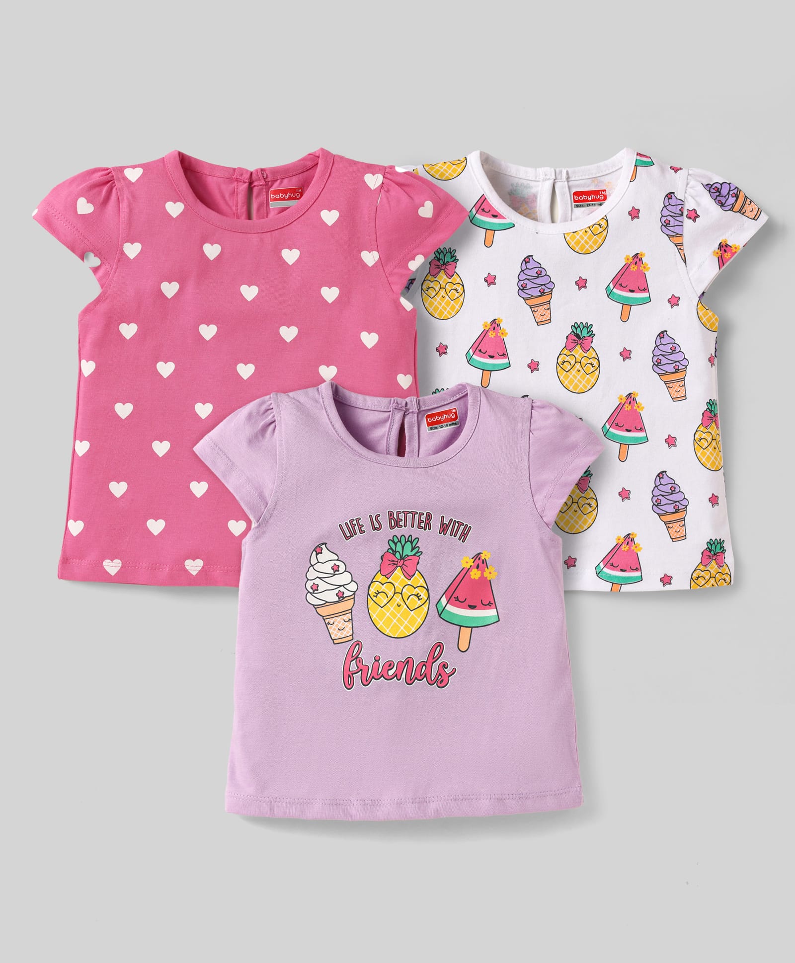 Babyhug Cotton Knit Half Sleeves T-Shirts With Ice-Cream & Heart Pack Of 3 - White Pink & Mauve-picture-19