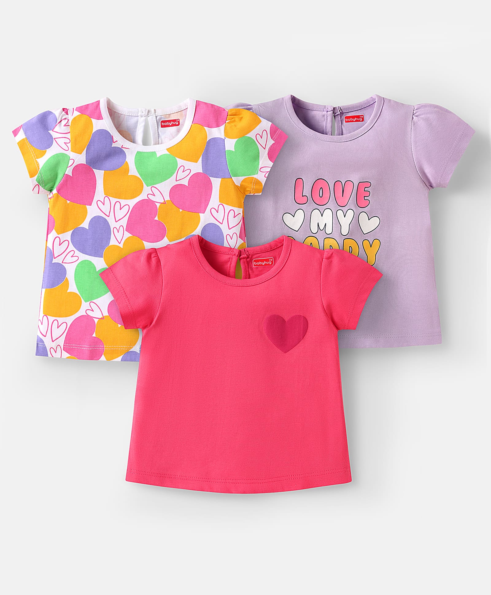 Babyhug Cotton Knit Half Sleeves T-Shirts with Hearts Print Pack of 3 - Pink White & Lavender