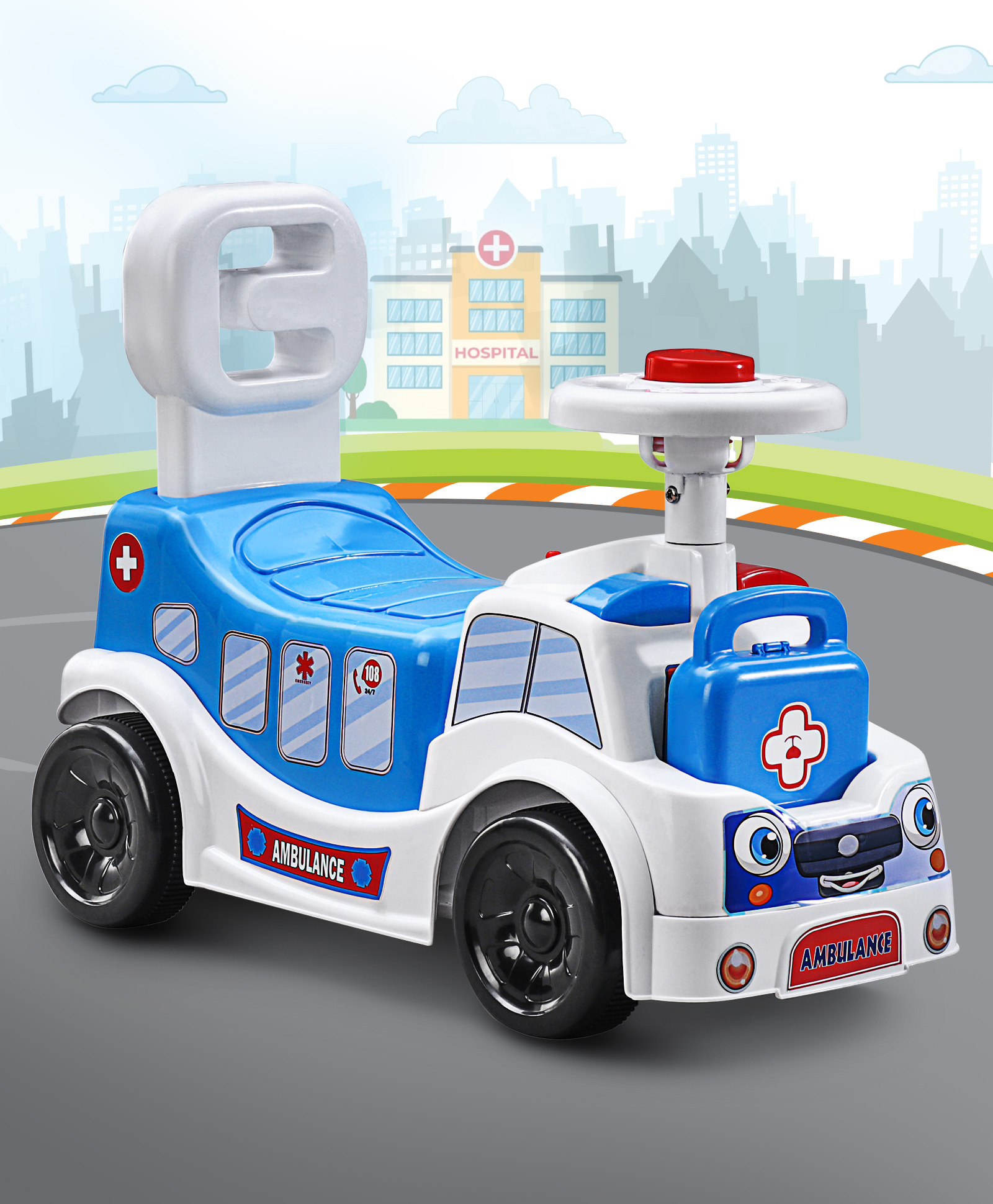 Ambulance Theme Manual Push Ride On With Music - Blue-image-25