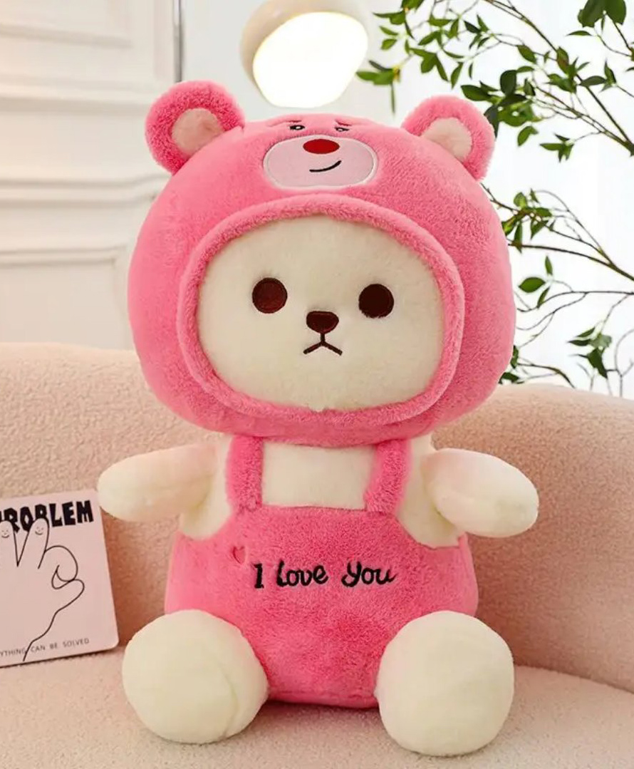 CuddleNest Cute Teddy Bear with Cap - 'I Love You' Plush Toy Pink - Height 30 cm-image-1