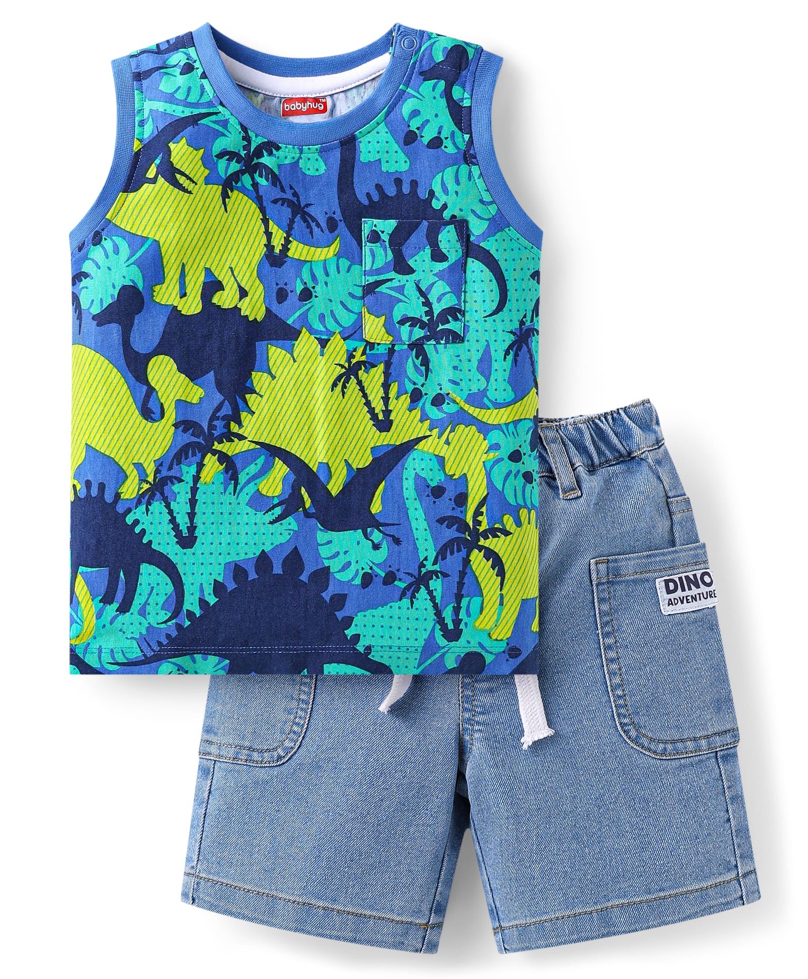 Babyhug Terry Knit Sleeveless Tank T-Shirt & Shorts Set Dino Print- Blue-picture-12