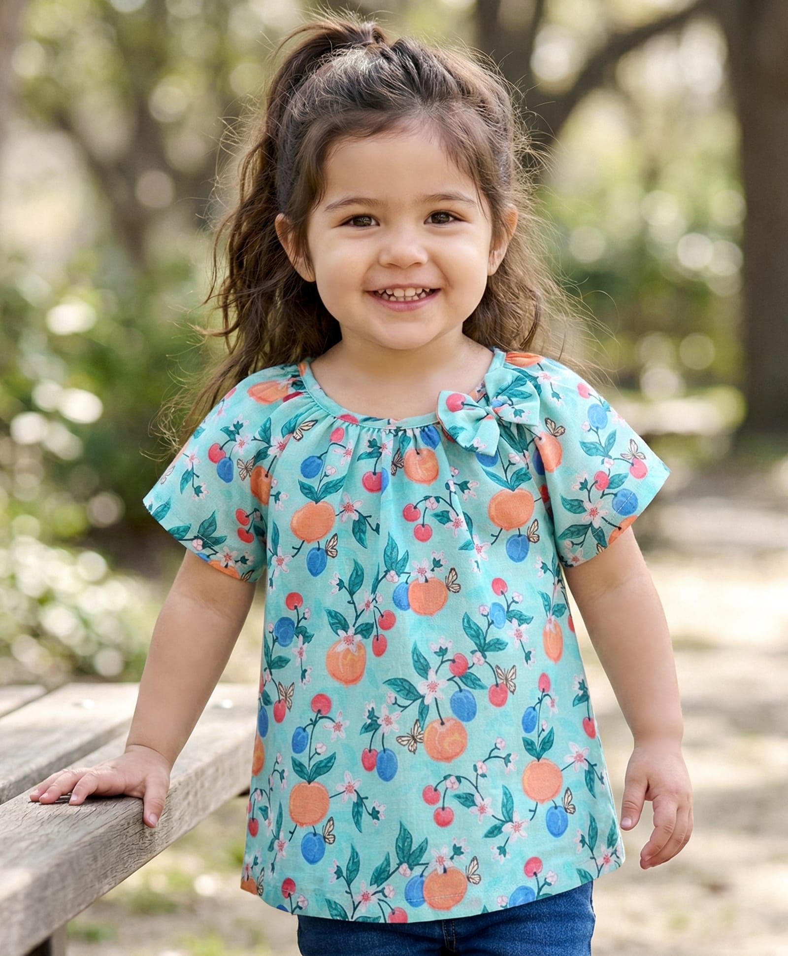 Babyhug Poplin Woven Half Sleeves Top With Floral Print & Bow Applique - Light Blue-image-43