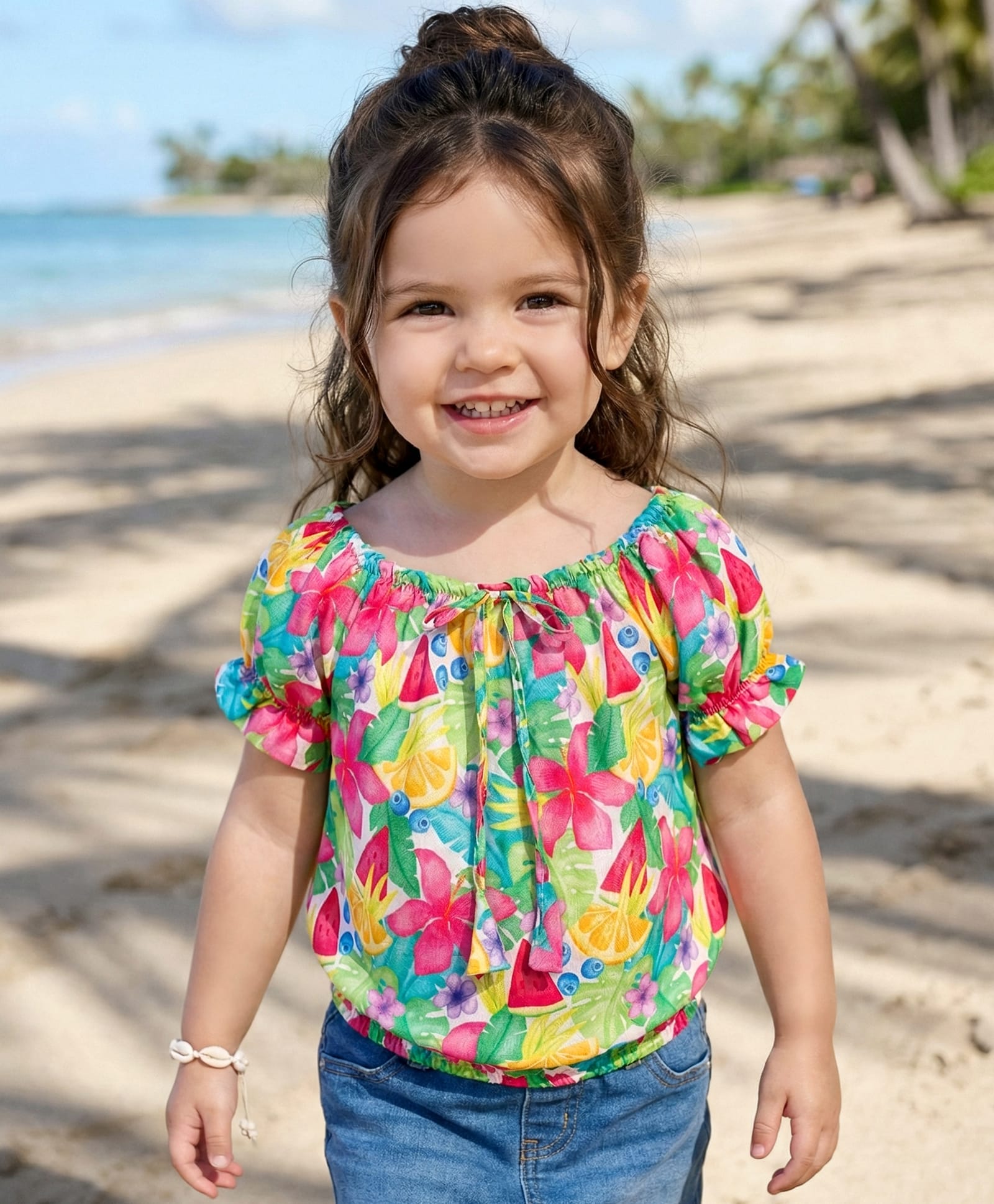 Babyhug Poplin Woven Puffed Sleeves Top With Floral Print - Green & Dark Pink-image-47