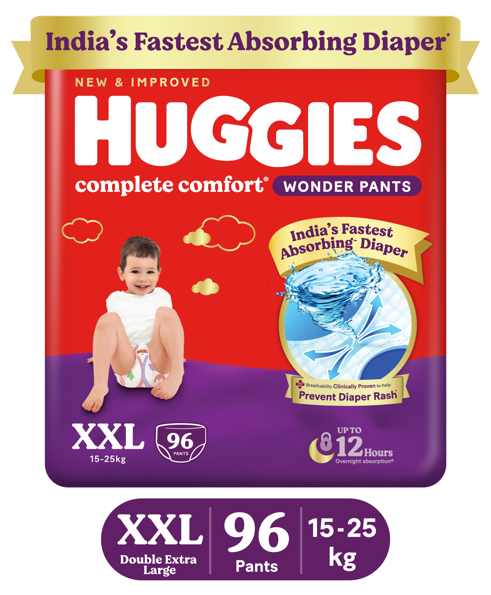 Huggies Complete Comfort Wonder Pants XXL Size, 96 Diapers, India's Fastest Absorbing Diaper
