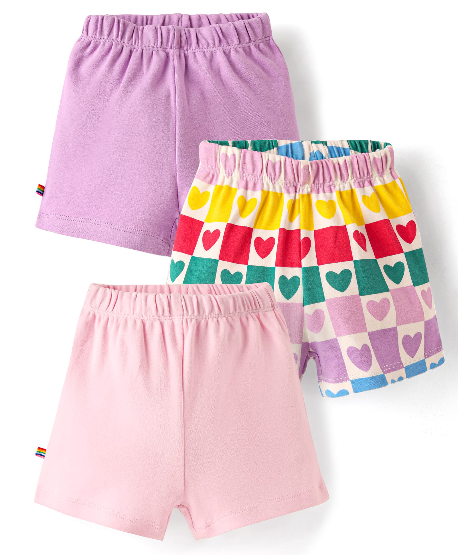 Bonfino 100% Knit Cotton Solid Colour & Heart Printed Shorts Pack Of 3 - Ivory, Lilac, Pink-picture-20
