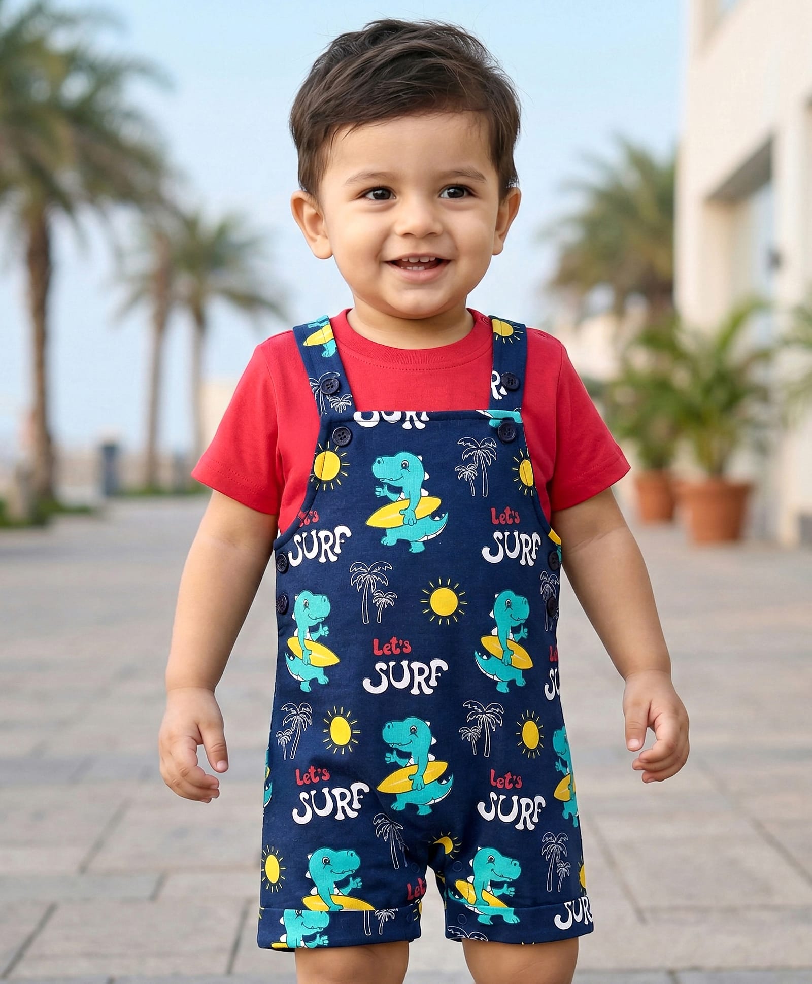 Babyhug Single Jersey Knit Beach Theme Printed Dungaree with Half Sleeves Inner Tee - Red & Navy Blue-image-26