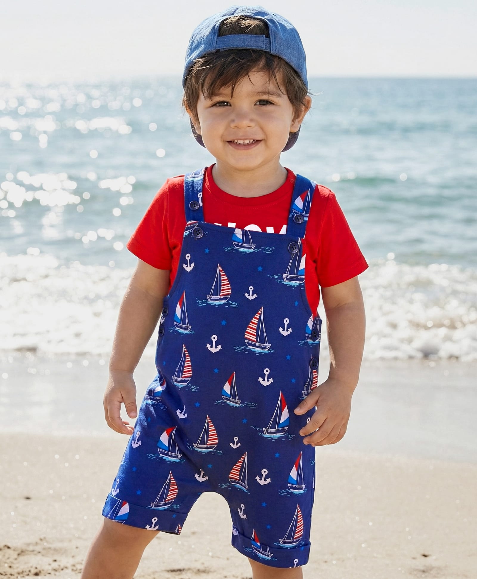 Babyhug Single Jersey Knit Half Sleeves T-Shirt & Dungaree with Nautical Theme & Ahoy Days Text Print - Red & Navy Blue