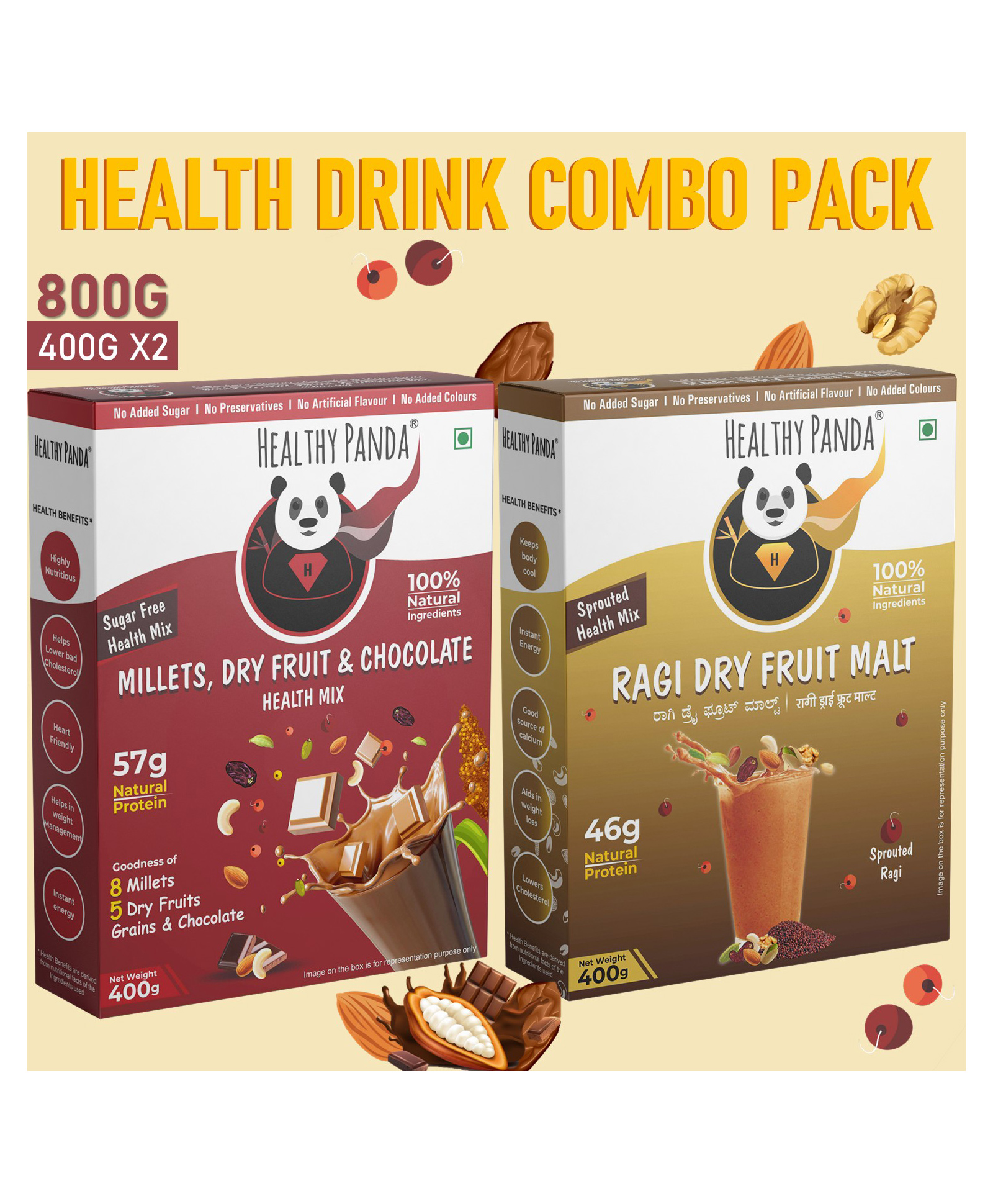 HEALTHY PANDA Sugar free Nutri Drink Combo for Kids CHOCO MILLET+CLASSIC RAGI MALT -(2-Pack, 400 g Each)-image-4