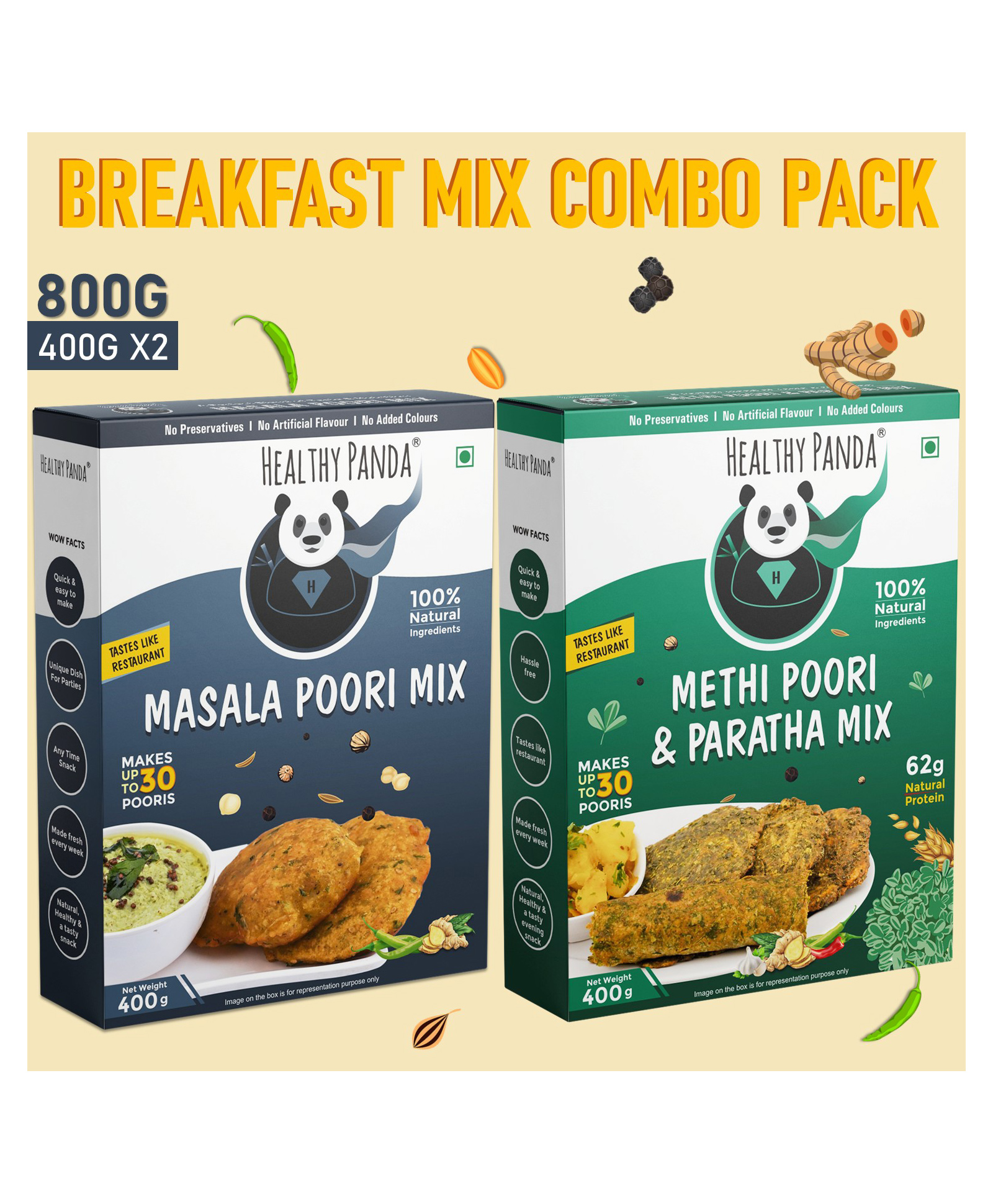HEALTHY PANDA-Ready to cook Breakfast Combo - Masala Poori & Methi Poori Mix- Healthy breakfast & snack Mix - (2-Pack, 400g Each)-image-1