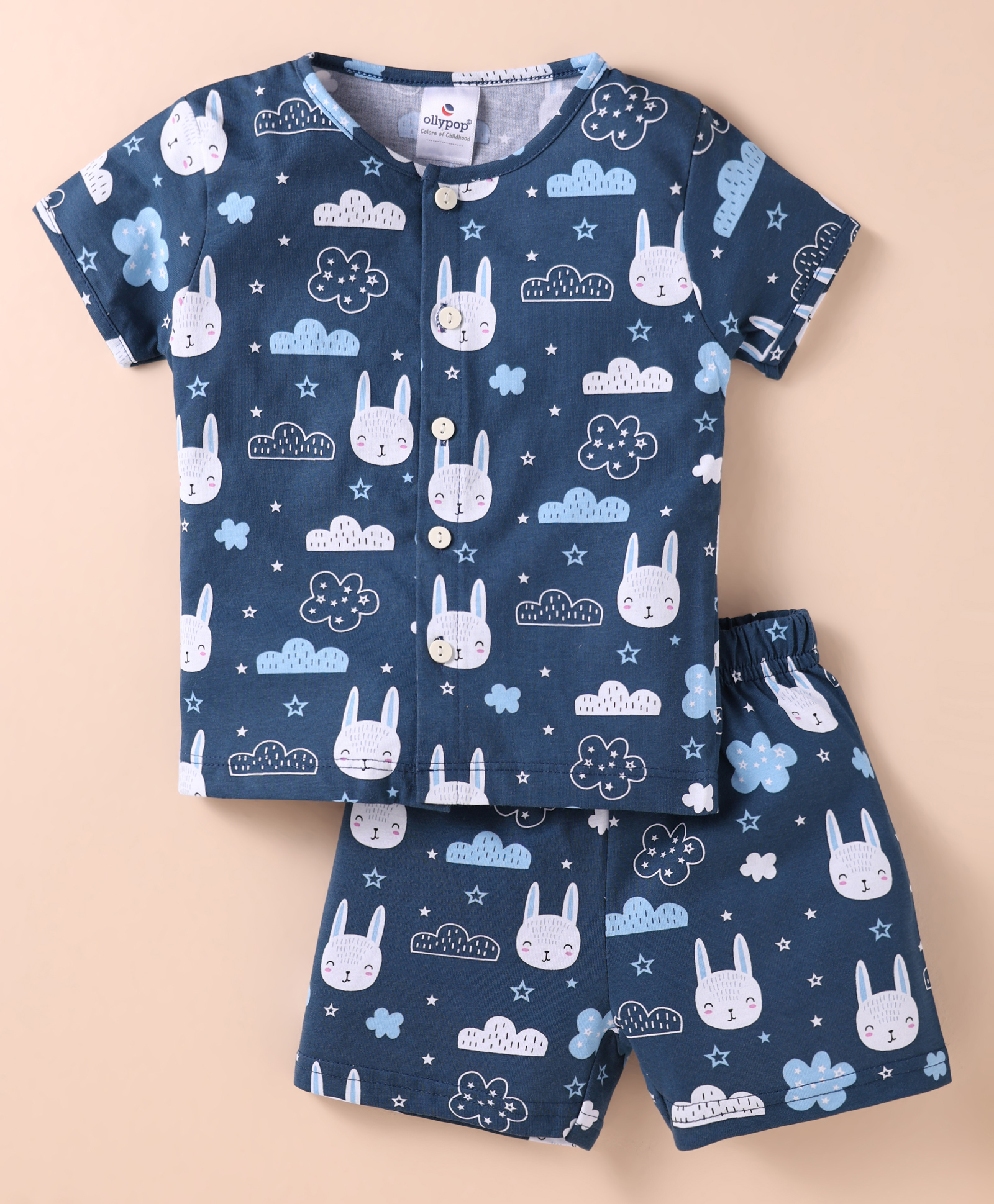 Ollypop Sinker Knit Half Sleeves Shorts Nightsuit with Bunny Print - Navy Blue-picture-36