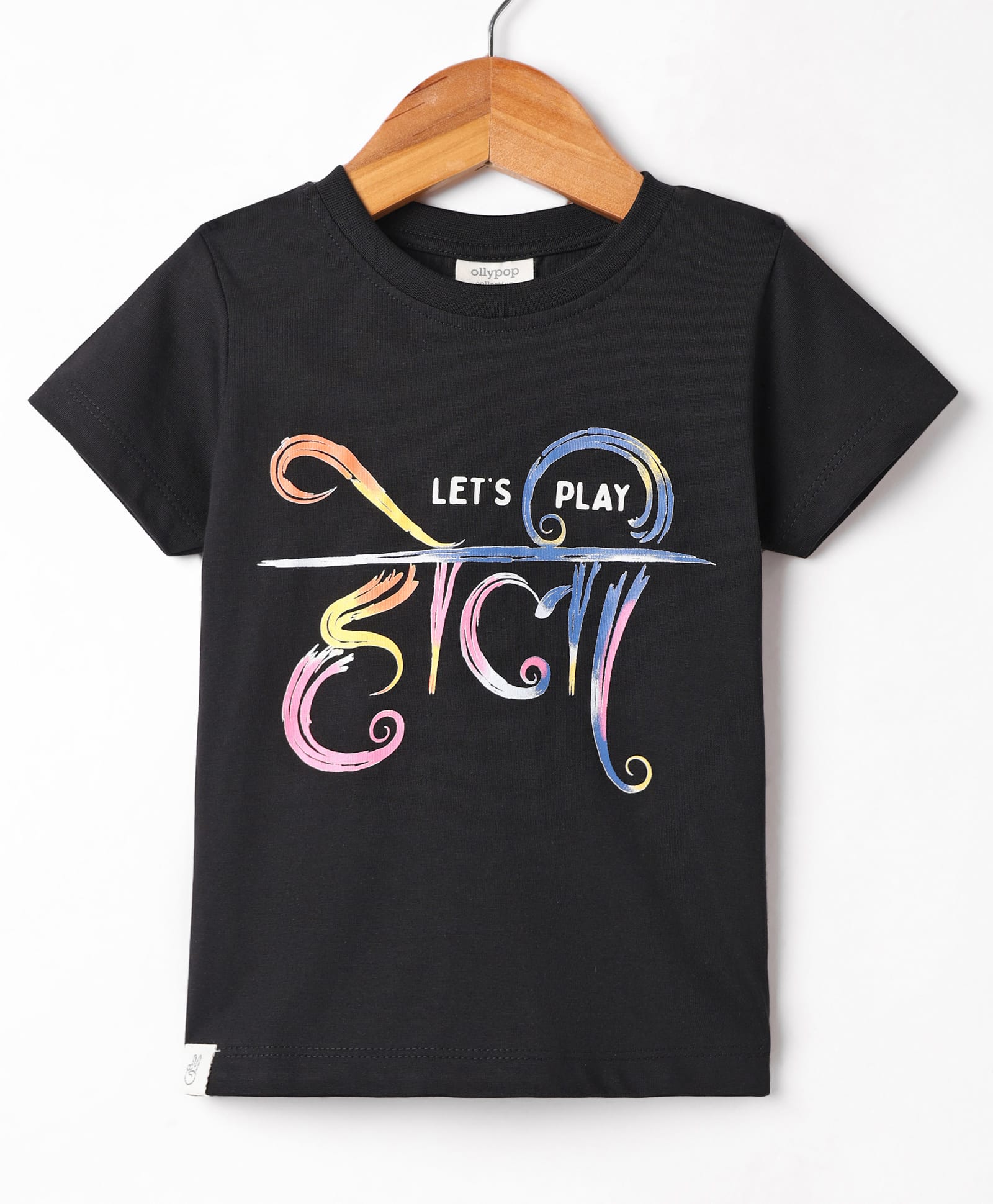 Ollypop Sinker Knit Half Sleeves T-Shirt with Lets Play Holi Text Print - Black-image-28
