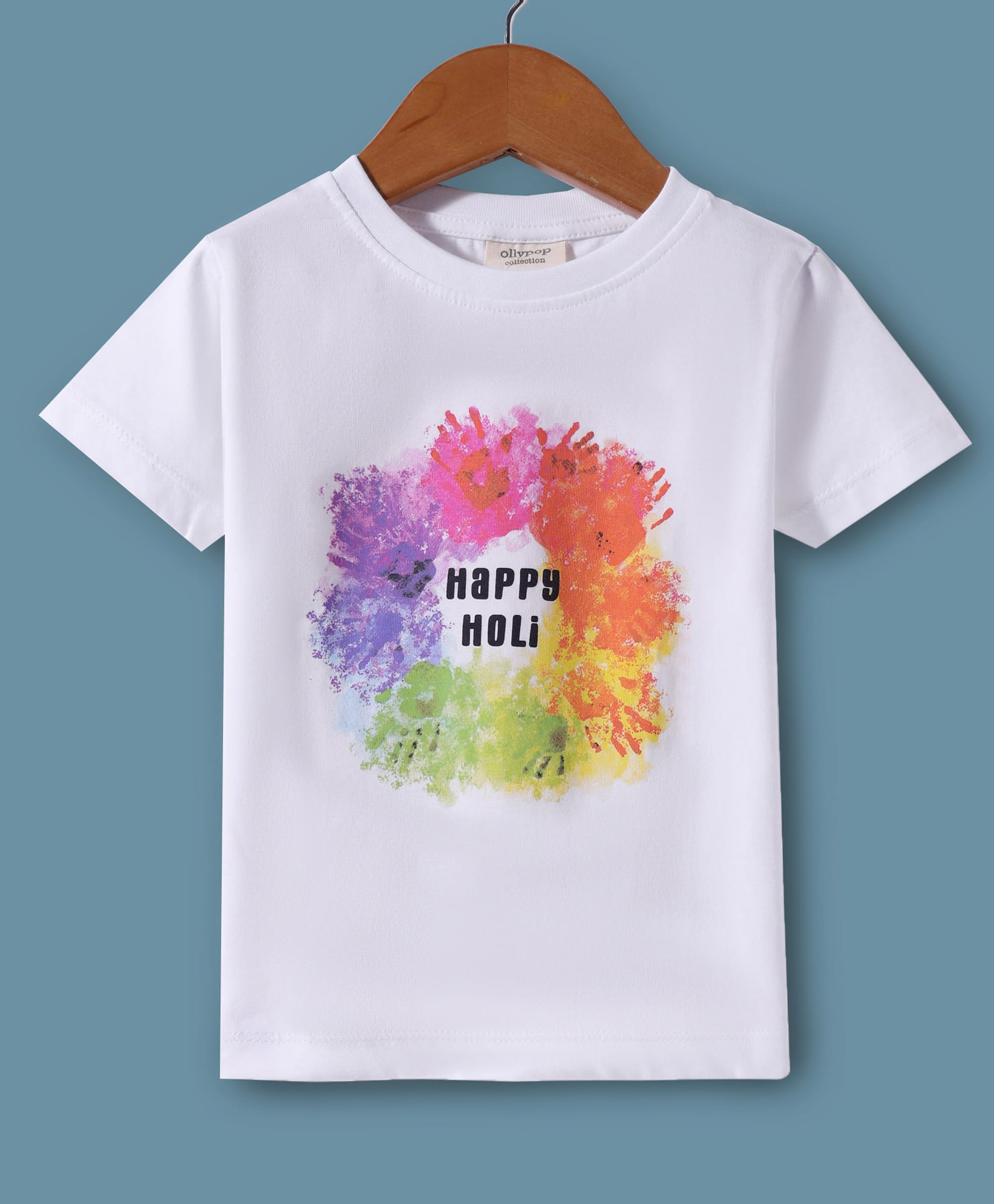Ollypop Sinker Knit Half Sleeves T-Shirt With Happy Holi Text Print - White-picture-31