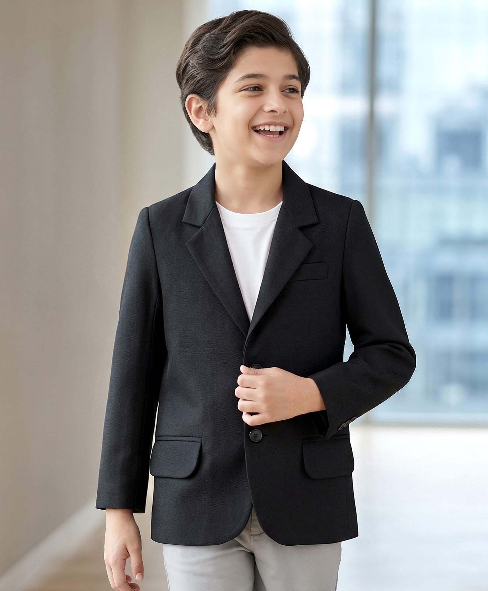 Kookie Kids Woven Full Sleeves Solid Blazer With Front Flap Pockets - Black-image-36