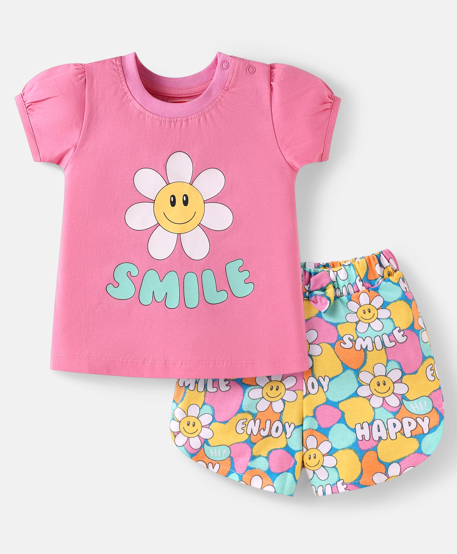 Babyhug Cotton Knit Half Sleeves Shorts Nightsuit with Smile & Floral Print - Pink-image-36