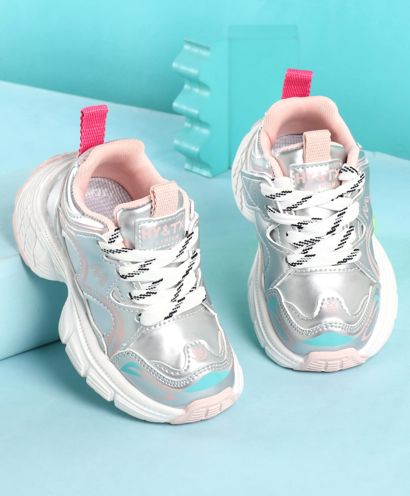 KIDLINGSS Abstract Designed Lace Up Shoes - Silver & Pink-picture-18