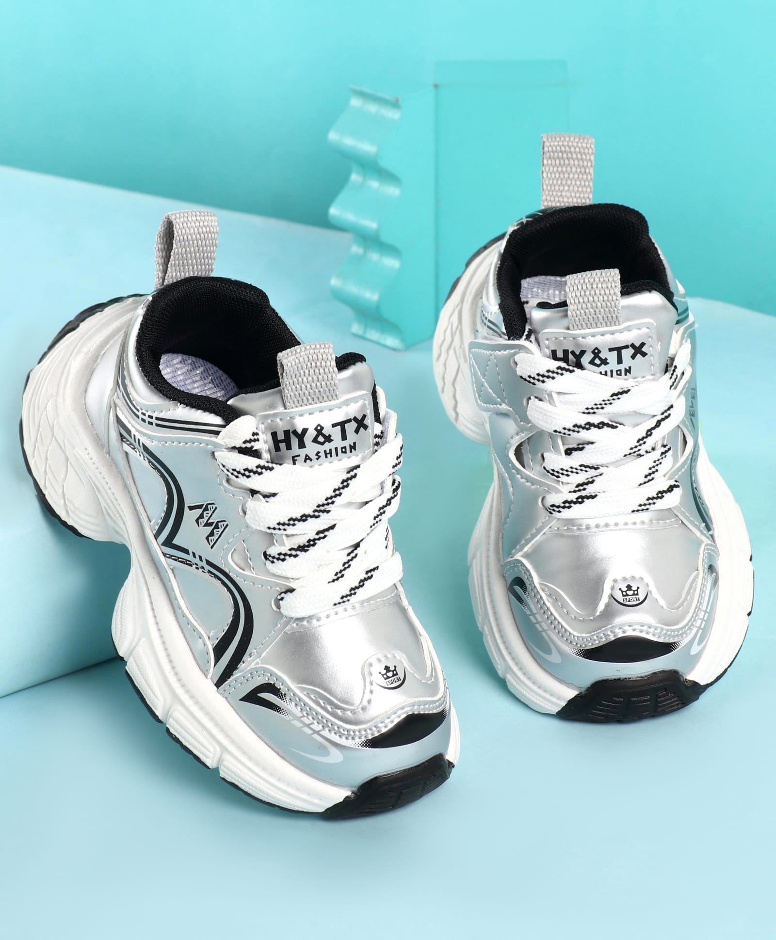 KIDLINGSS Abstract Designed Lace Up Shoes - Silver & Black-picture-16