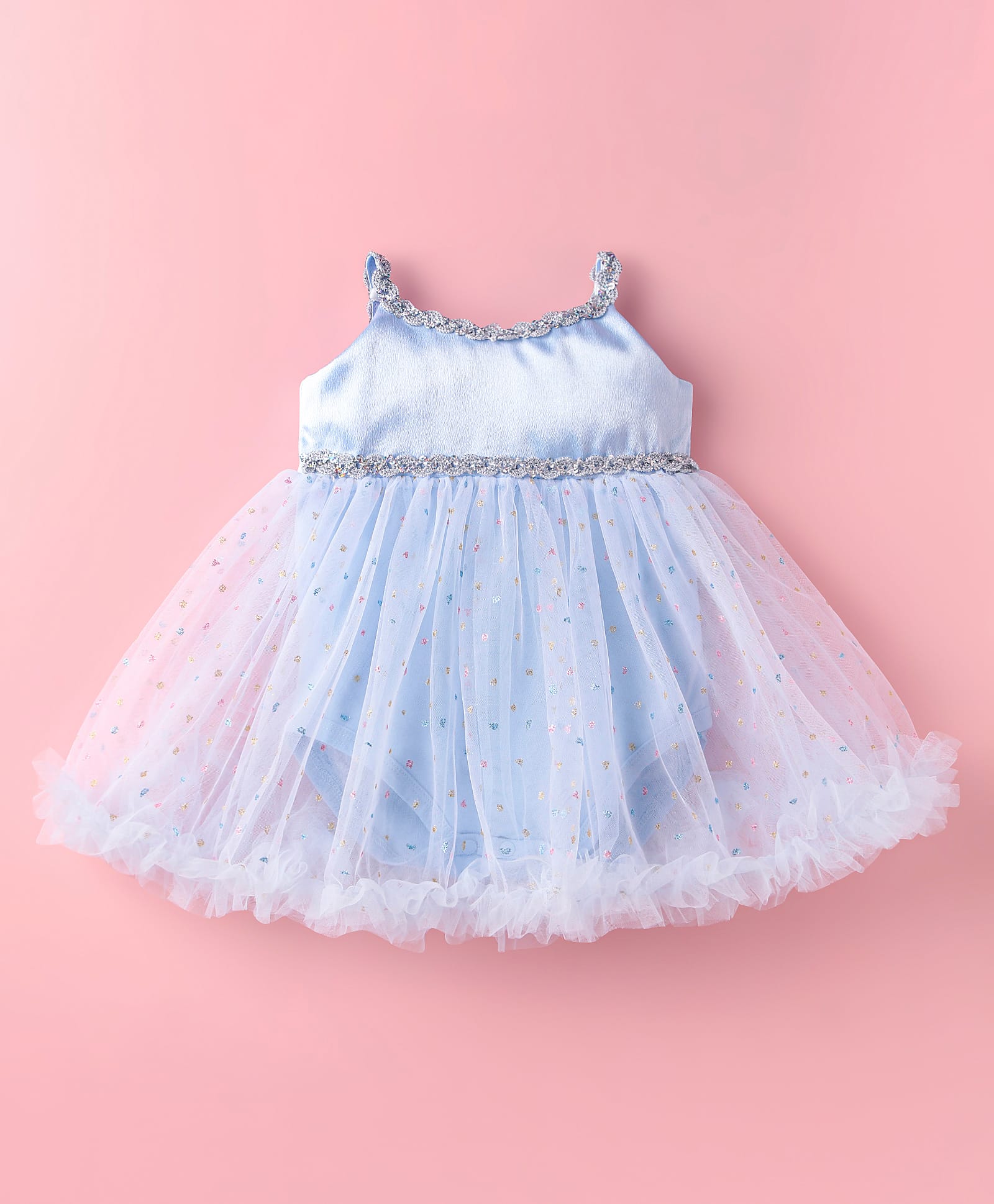 Mark & Mia Woven Singlet Sleeves Frock Style Party Onesie with Glitter Print & Sequin Detailing - Light Blue-image-17