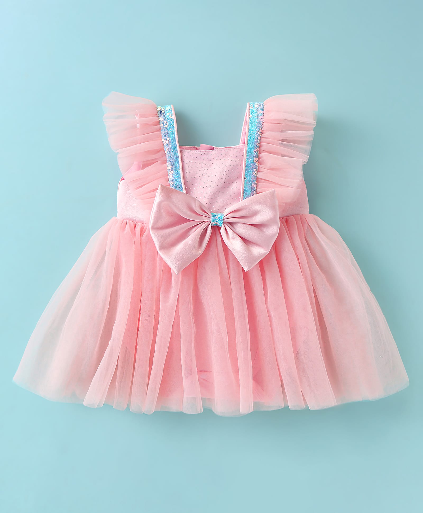 Mark & Mia Woven Frill Sleeves Frock Style Party Onesie with Sequin Detailing & Bow Applique - Pink