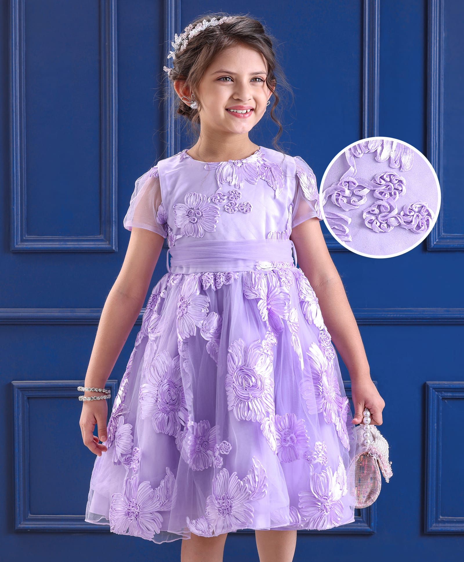 Mark & Mia Woven Half Sleeves Party Dress with Floral Design - Purple-image-47