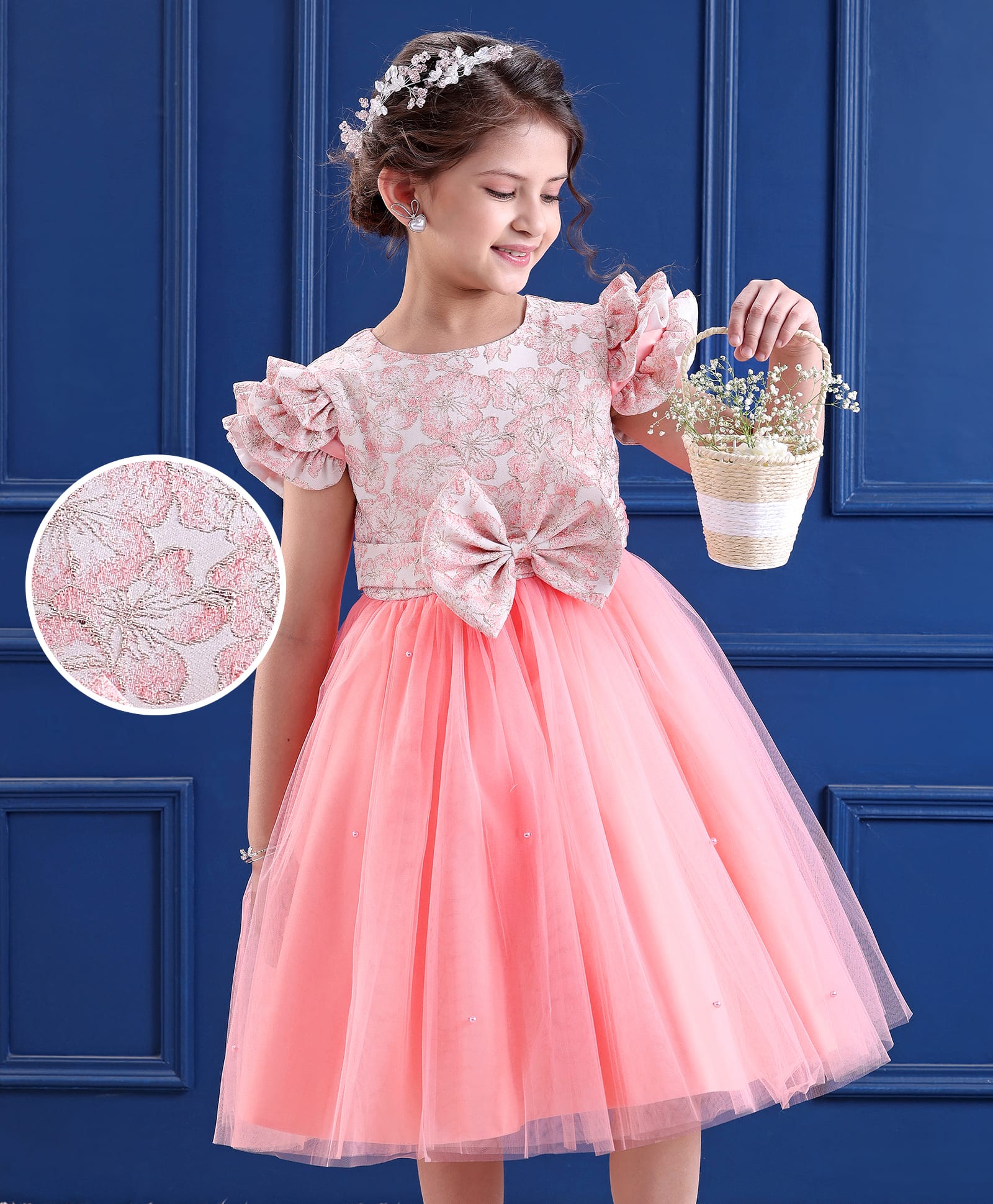 Mark & Mia Woven Half Flutter Sleeves Floral Glitter Printed Party Dress with Bow Applique & Pearl Embellishment - Pink-picture-11