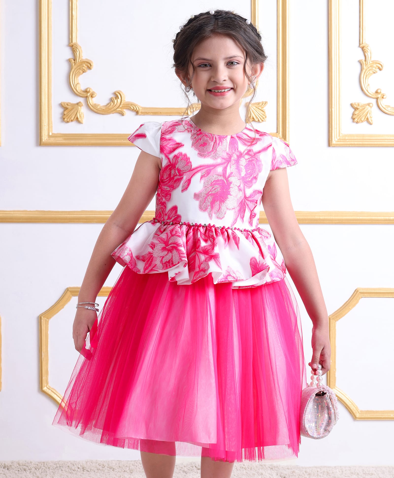 Mark & Mia Woven Cap Sleeves Party Dress with Floral Glitter Print & Beads Embellishment - Dark Pink-image-37