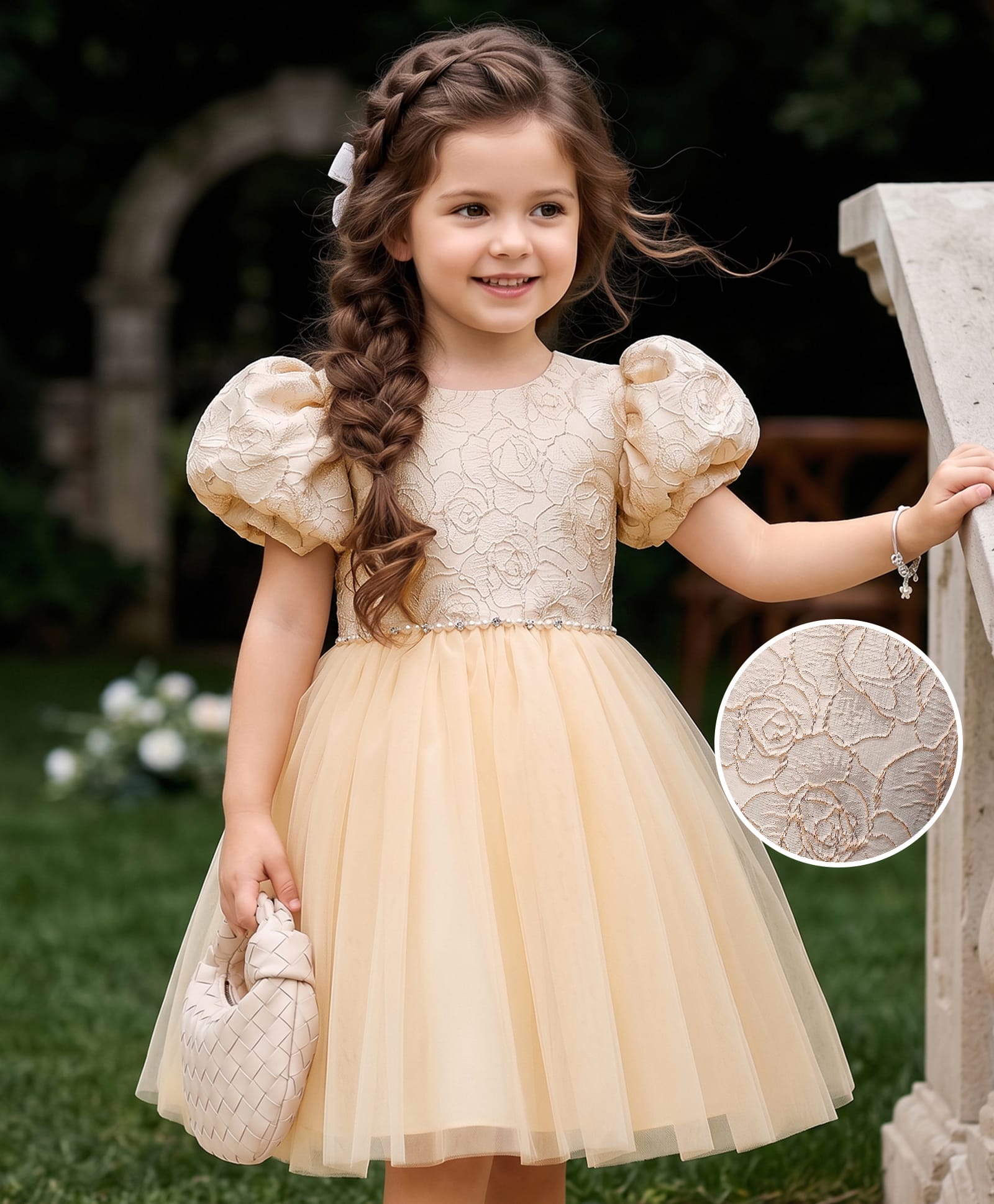 Mark & Mia Half Puffed Sleeves Party Dress With Floral Foil Print - Gold-image-10