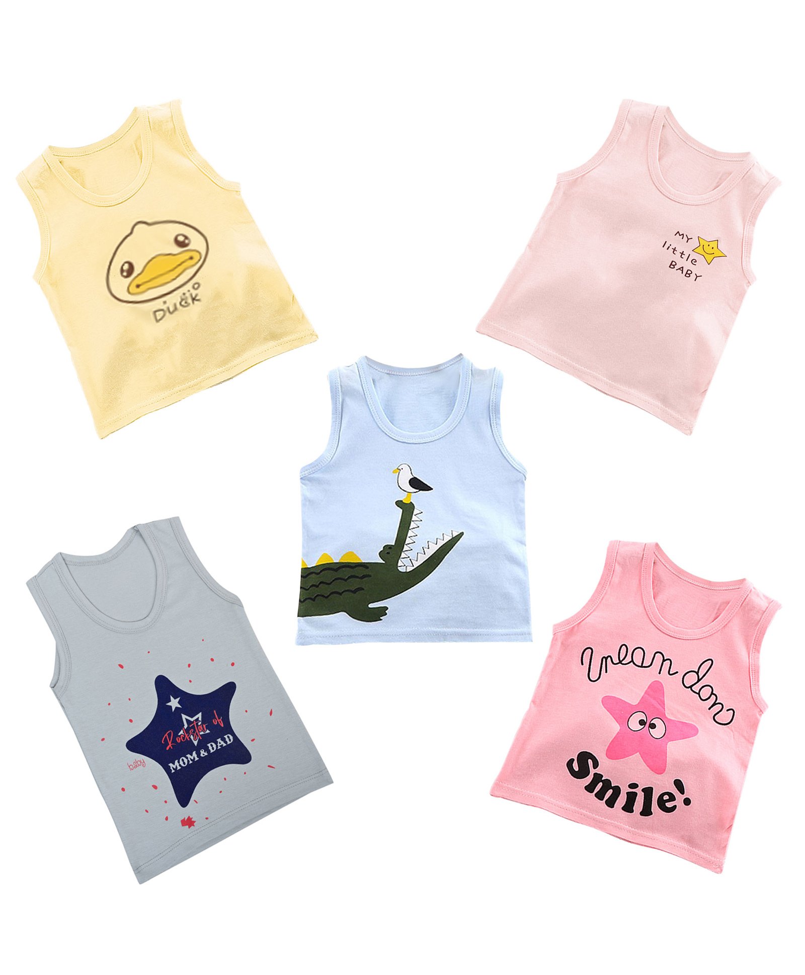 MumsLap 100% Cotton Pack Of 5 Sleeveless Duck & Alligator Printed Vests - Multi Colour-picture-22