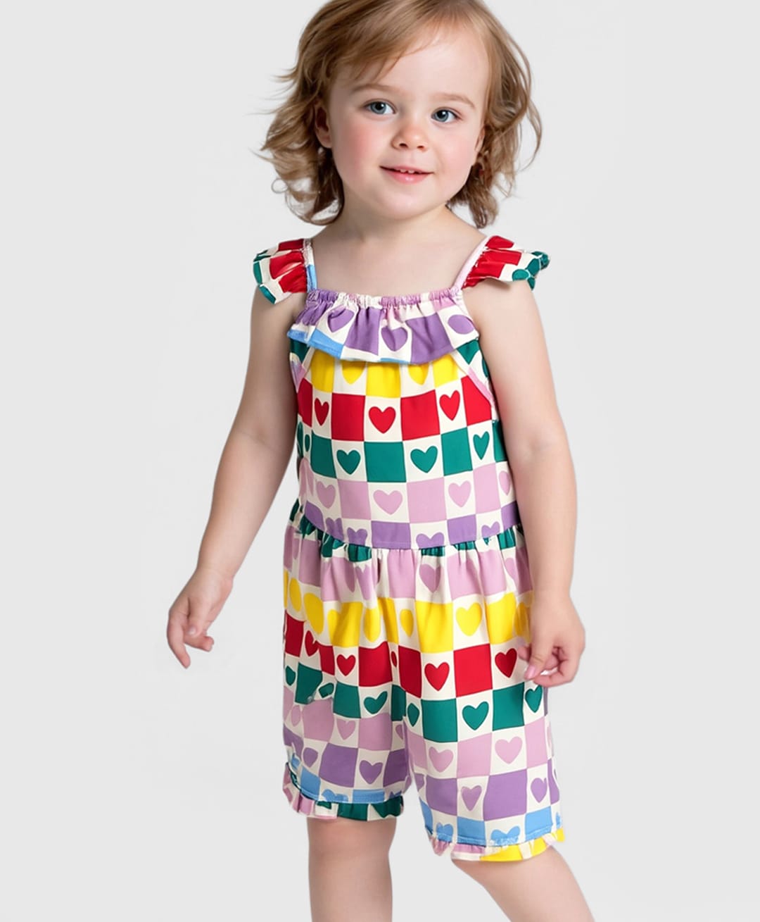 Bonfino 100% Cotton Knit Frill Sleeves Playsuit with Hearts Print & Checks - Pink-picture-26