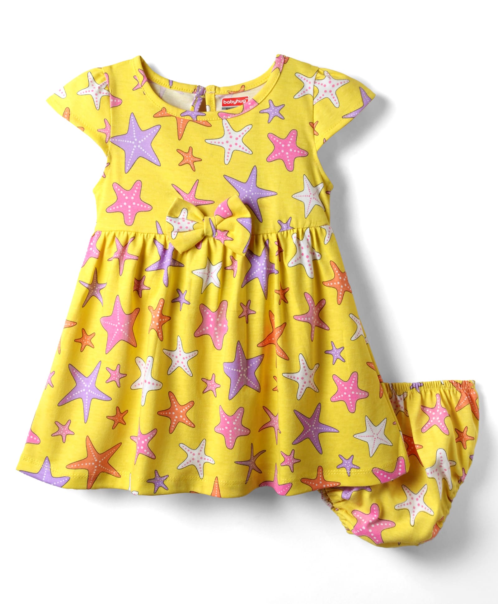 Babyhug Single Jersey Knit Cap Sleeves Printed Frock With Bloomers - Yellow-image-10