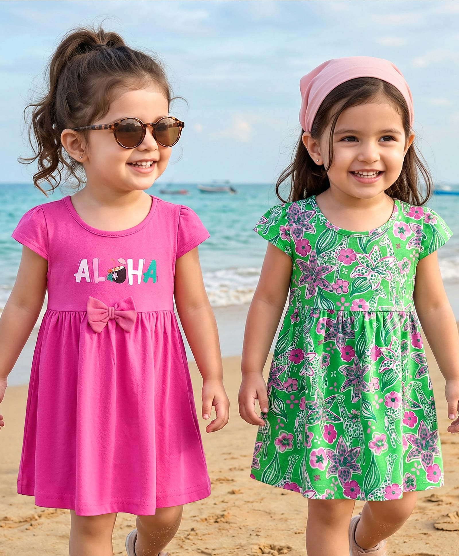 Babyhug Single Jersey Knit Half Cap Sleeves Anti Bacterial Floral Printed Frock with Bow Applique Pack of 2 - Dark Pink & Green-image-38