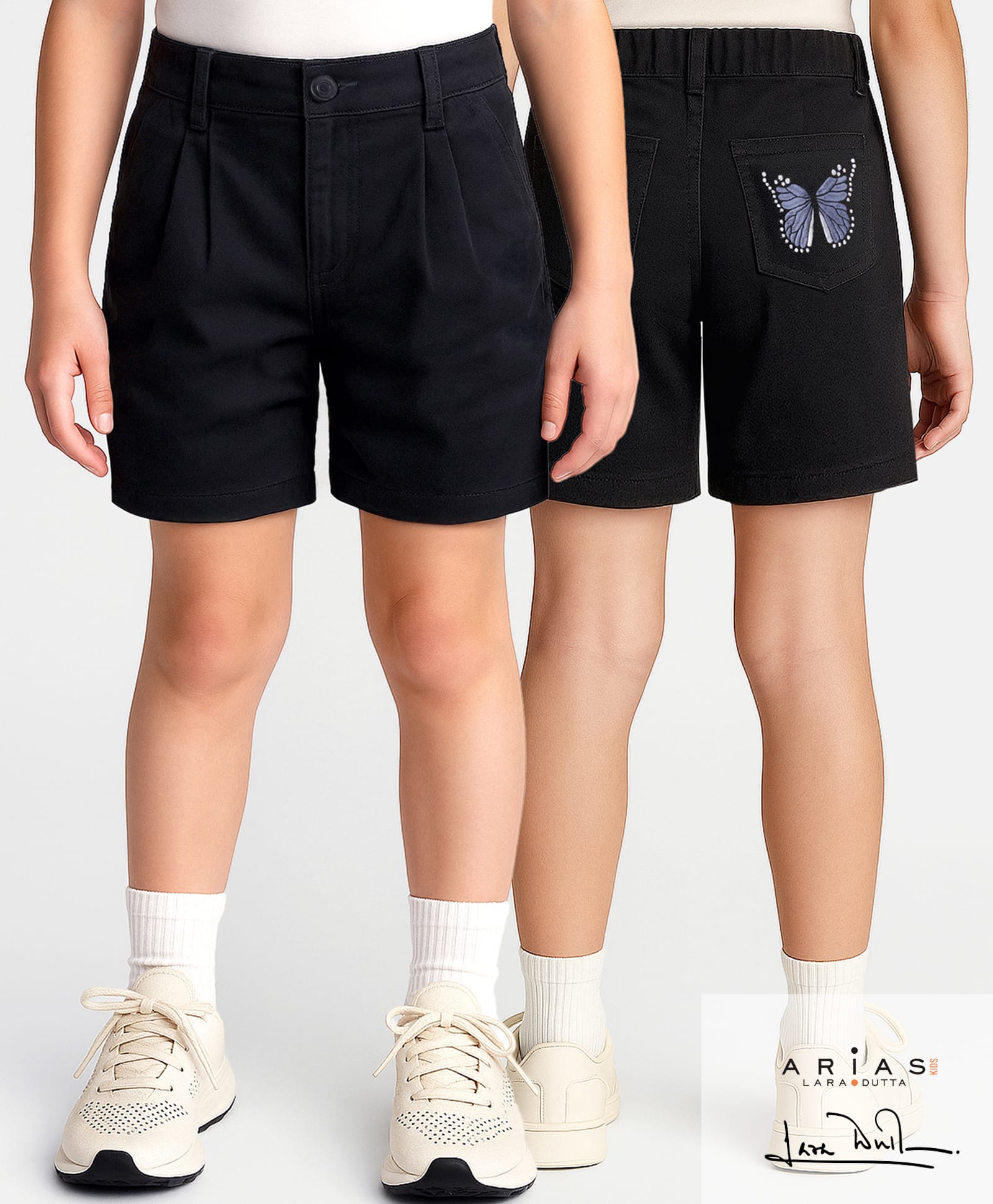 arias by lara dutta Arias Cotton Stretch Woven Butterfly Embroidered Shorts with Back Pocket - Black-picture-31