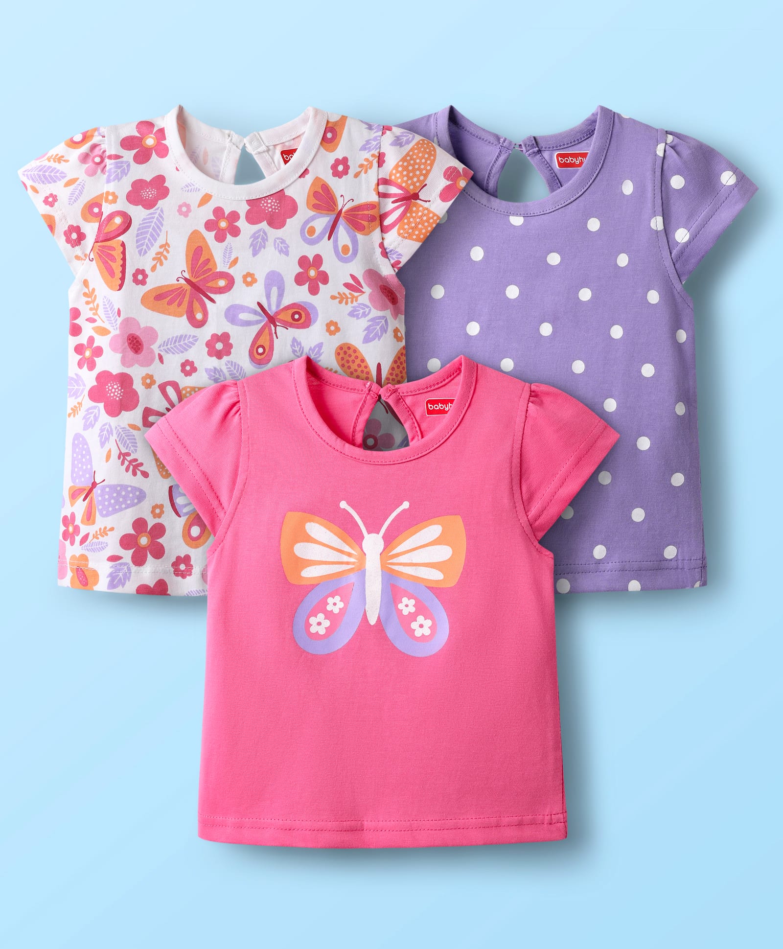 Babyhug Cotton Knit Half Sleeves T-Shirts with Butterfly & Polka Dots Print Pack of 3 - Pink Lavender & White-image-21