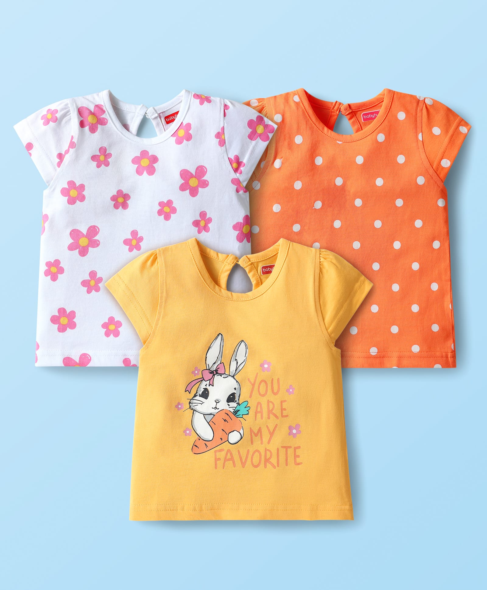 Babyhug Cotton Knit Half Sleeves T-Shirt with Floral Polka Dots & Bunny Print Pack of 3 - Orange White & Yellow